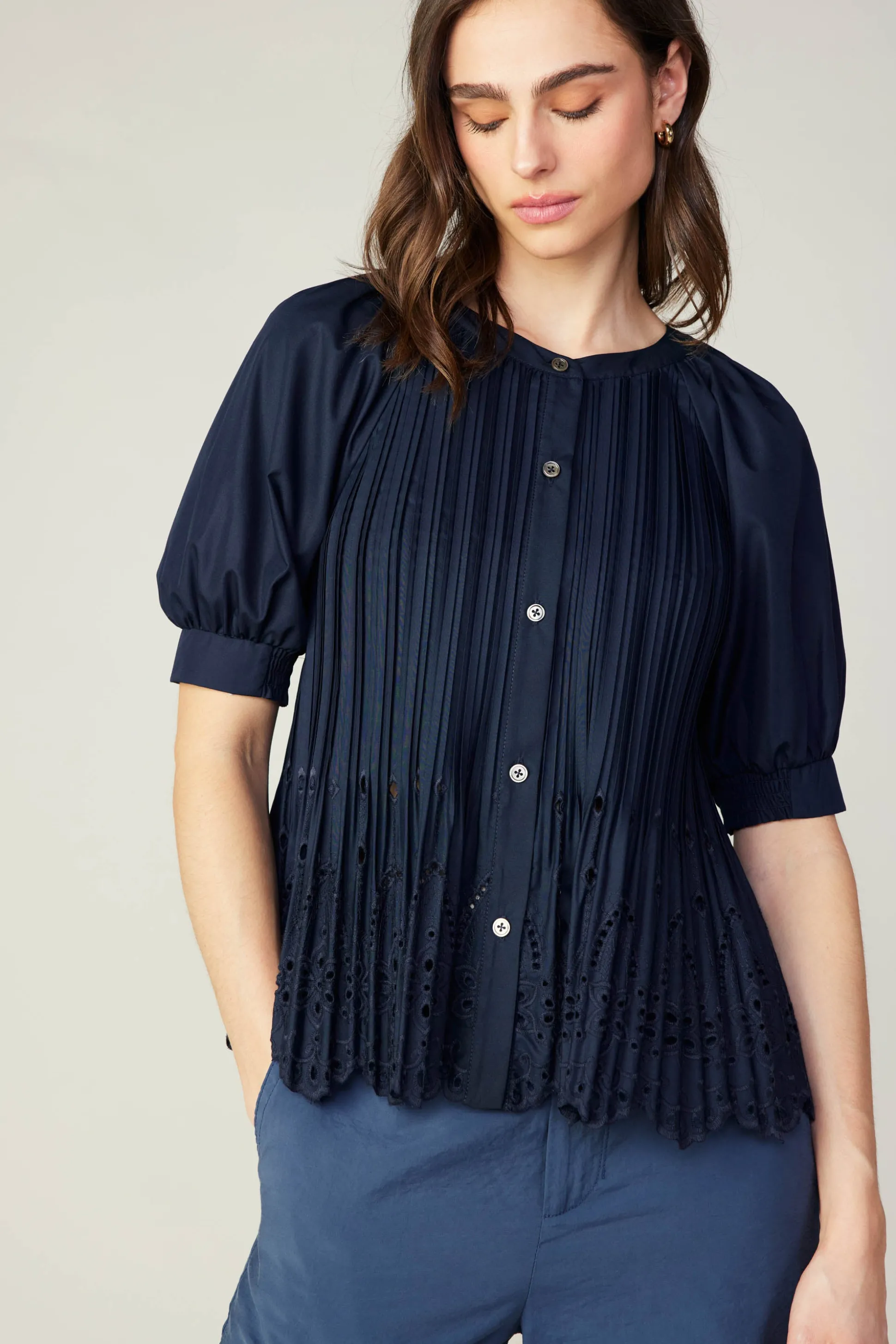 Pleated Eyelet Blouse<Current Air Online