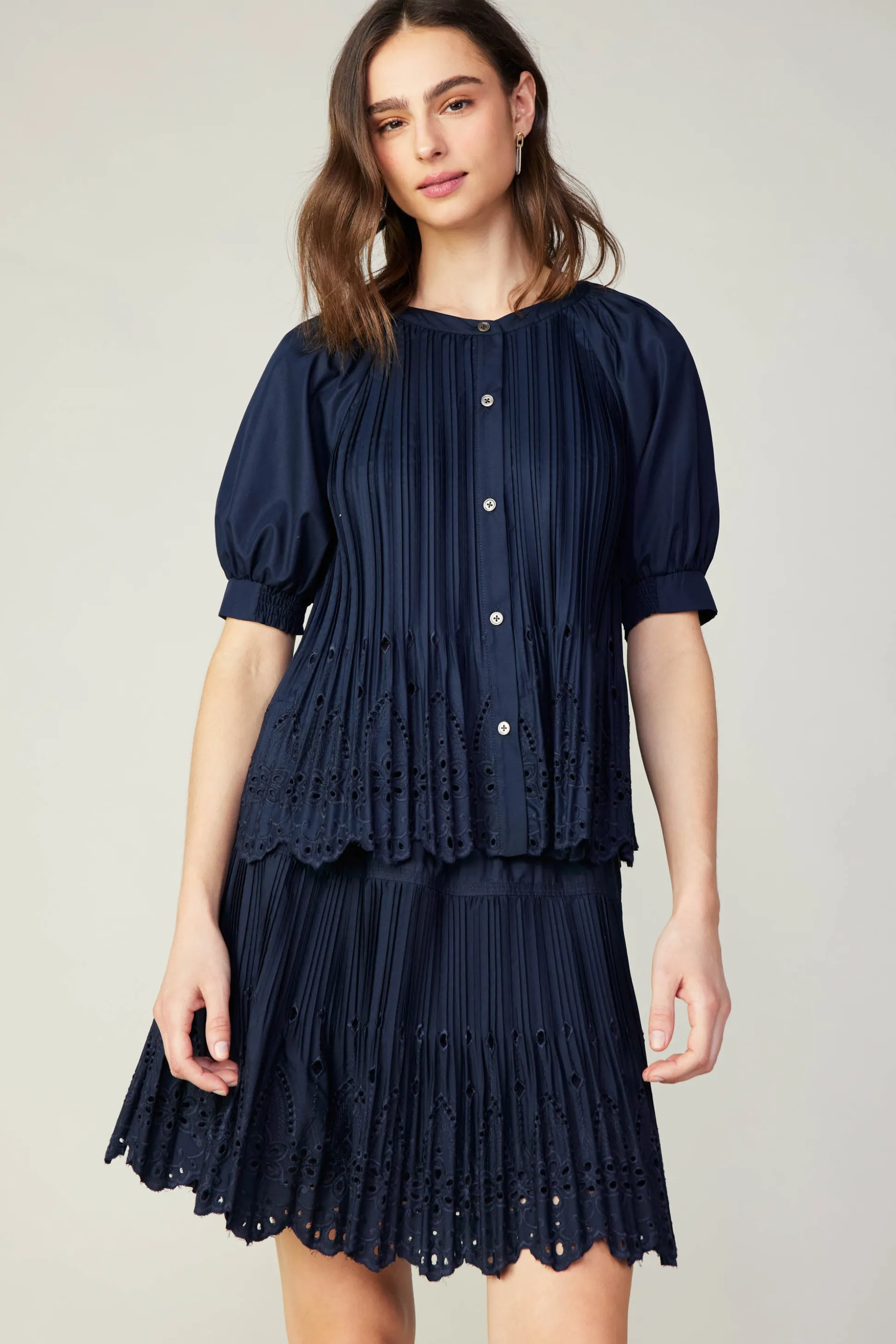 Pleated Eyelet Blouse<Current Air Online