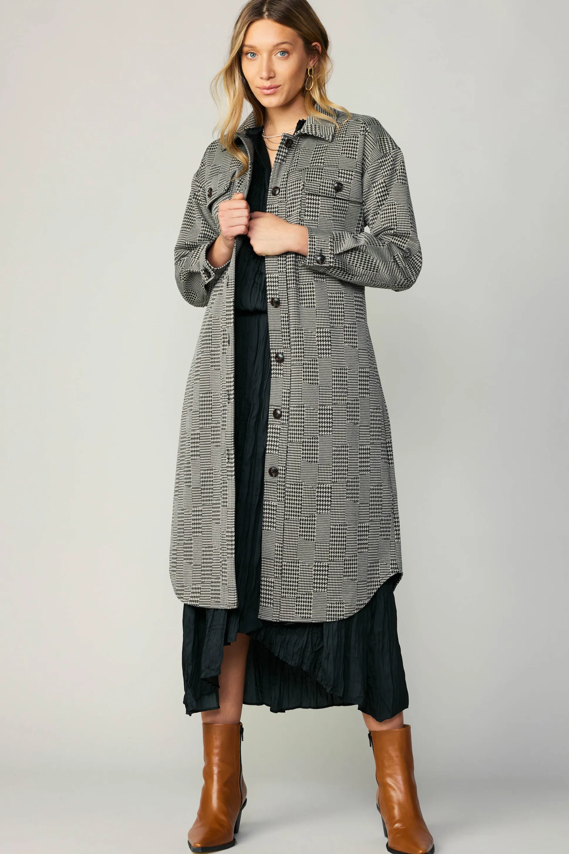 Houndstooth Long Shacket Coat<Current Air New