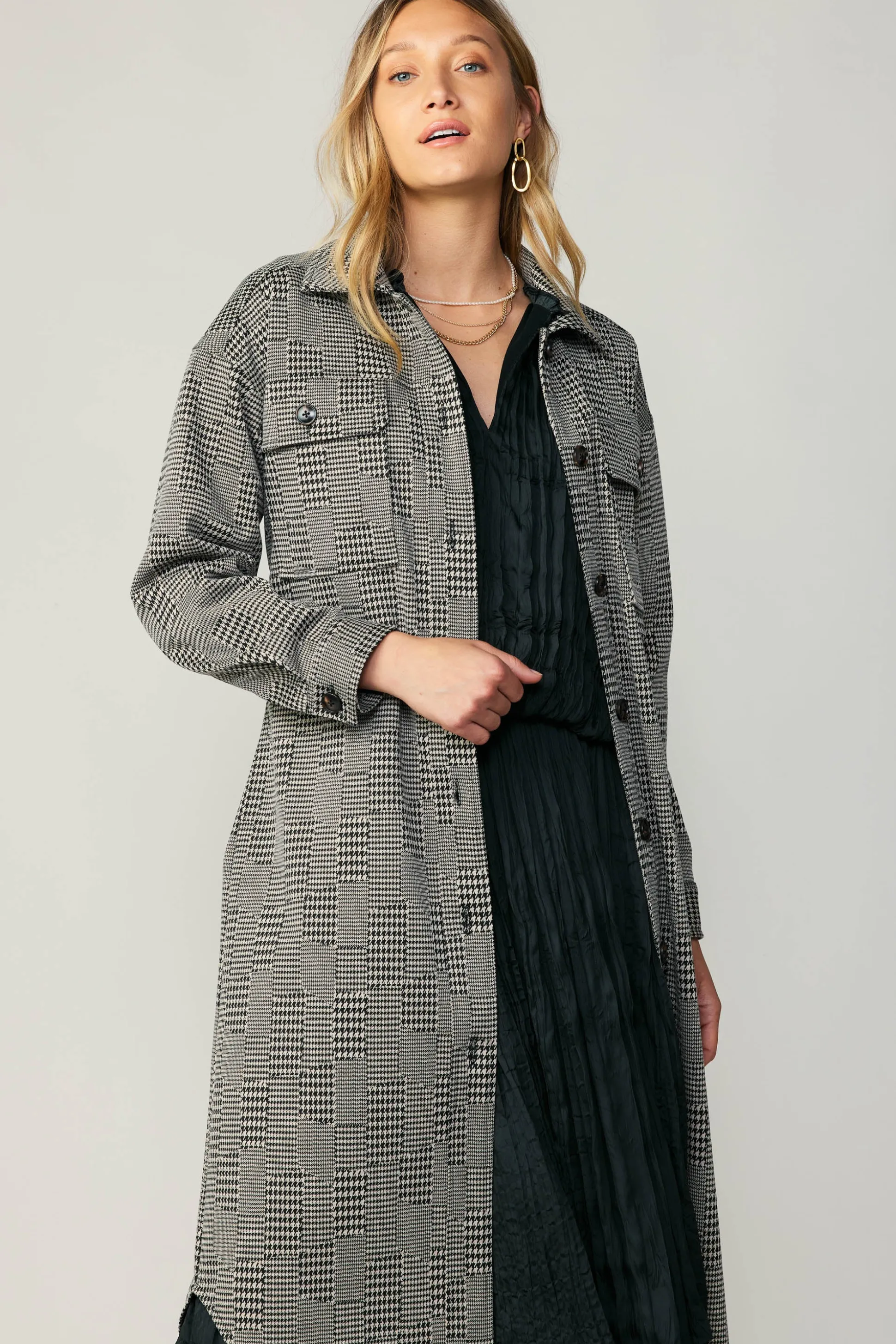 Houndstooth Long Shacket Coat<Current Air New