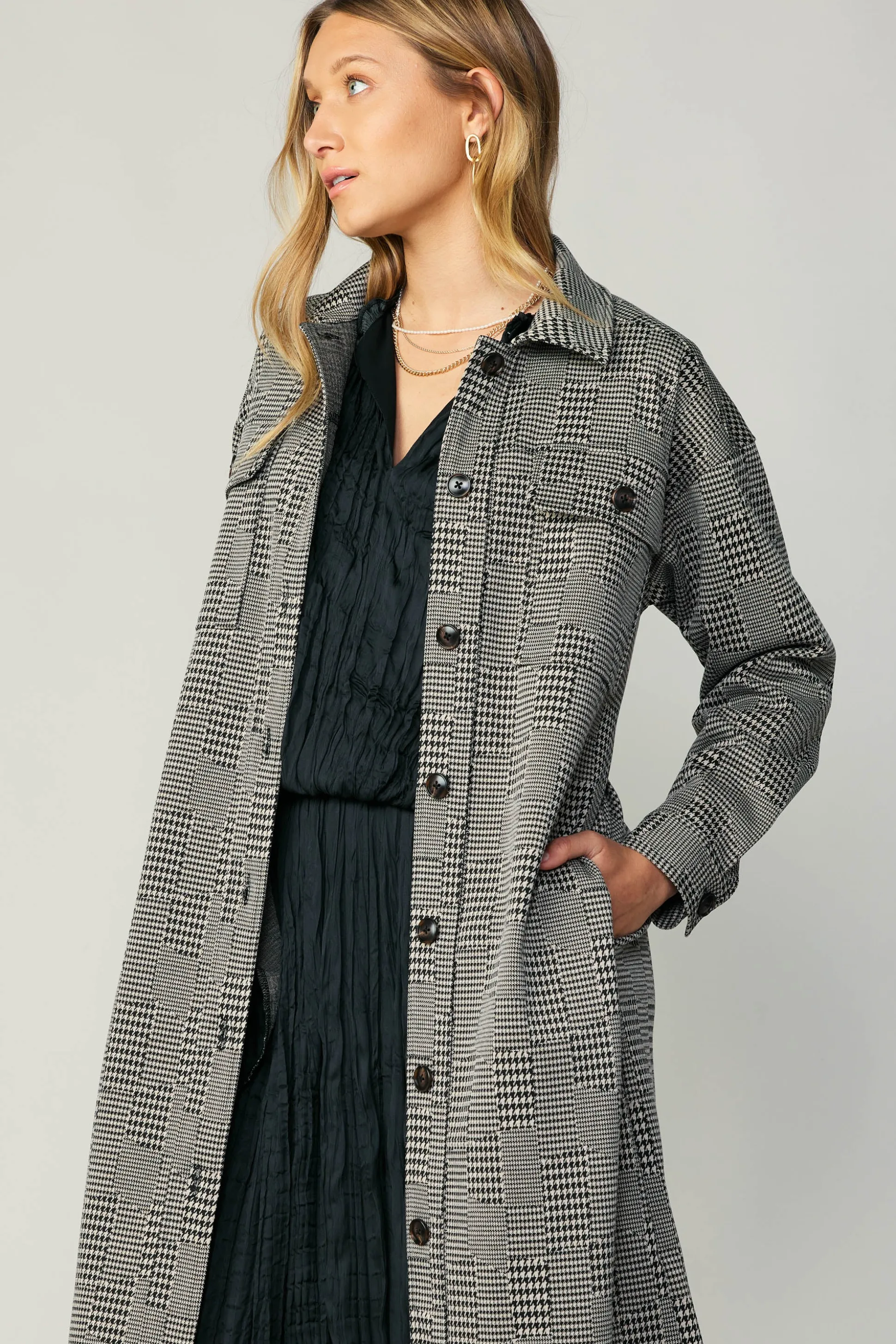 Houndstooth Long Shacket Coat<Current Air New