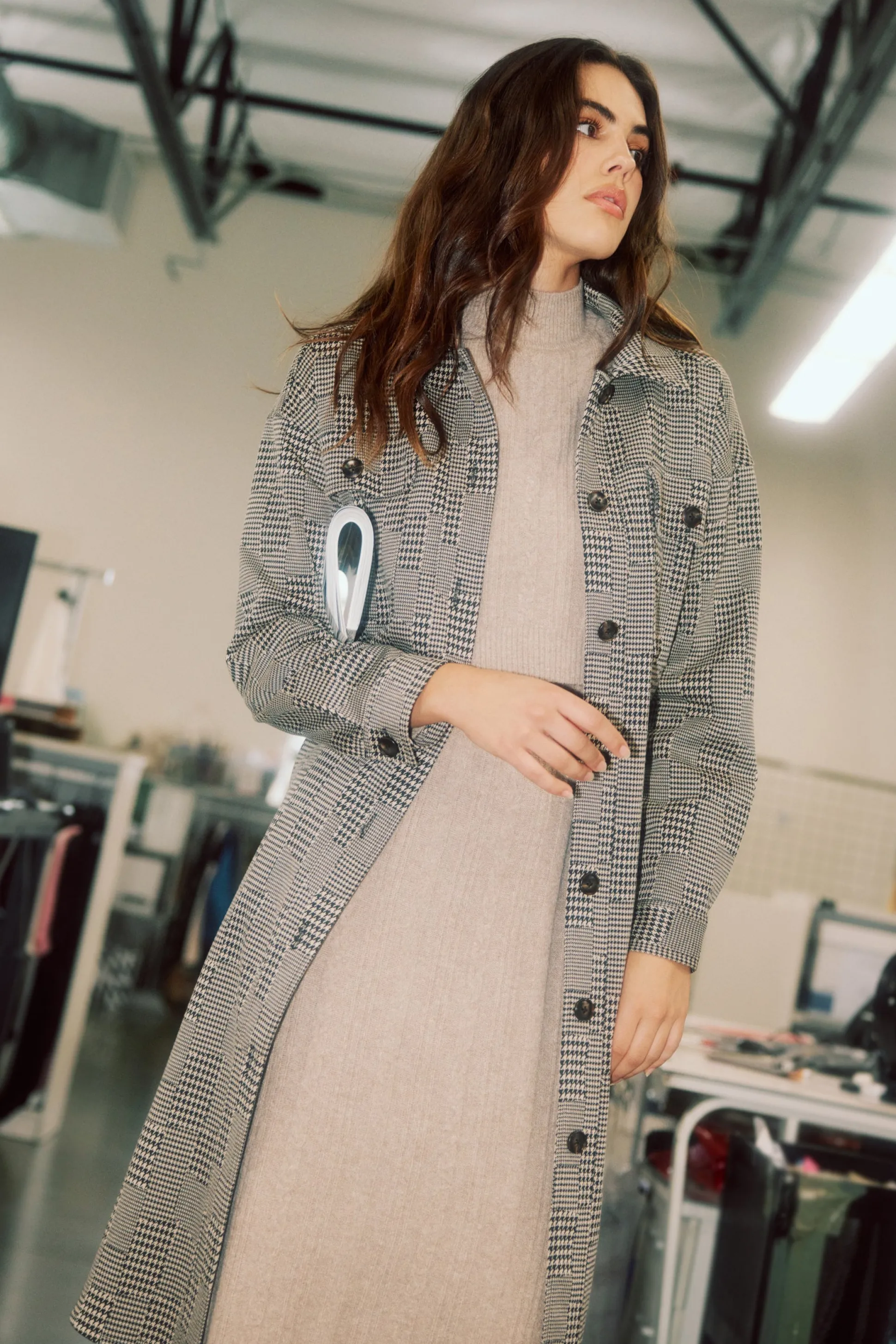 Houndstooth Long Shacket Coat<Current Air New