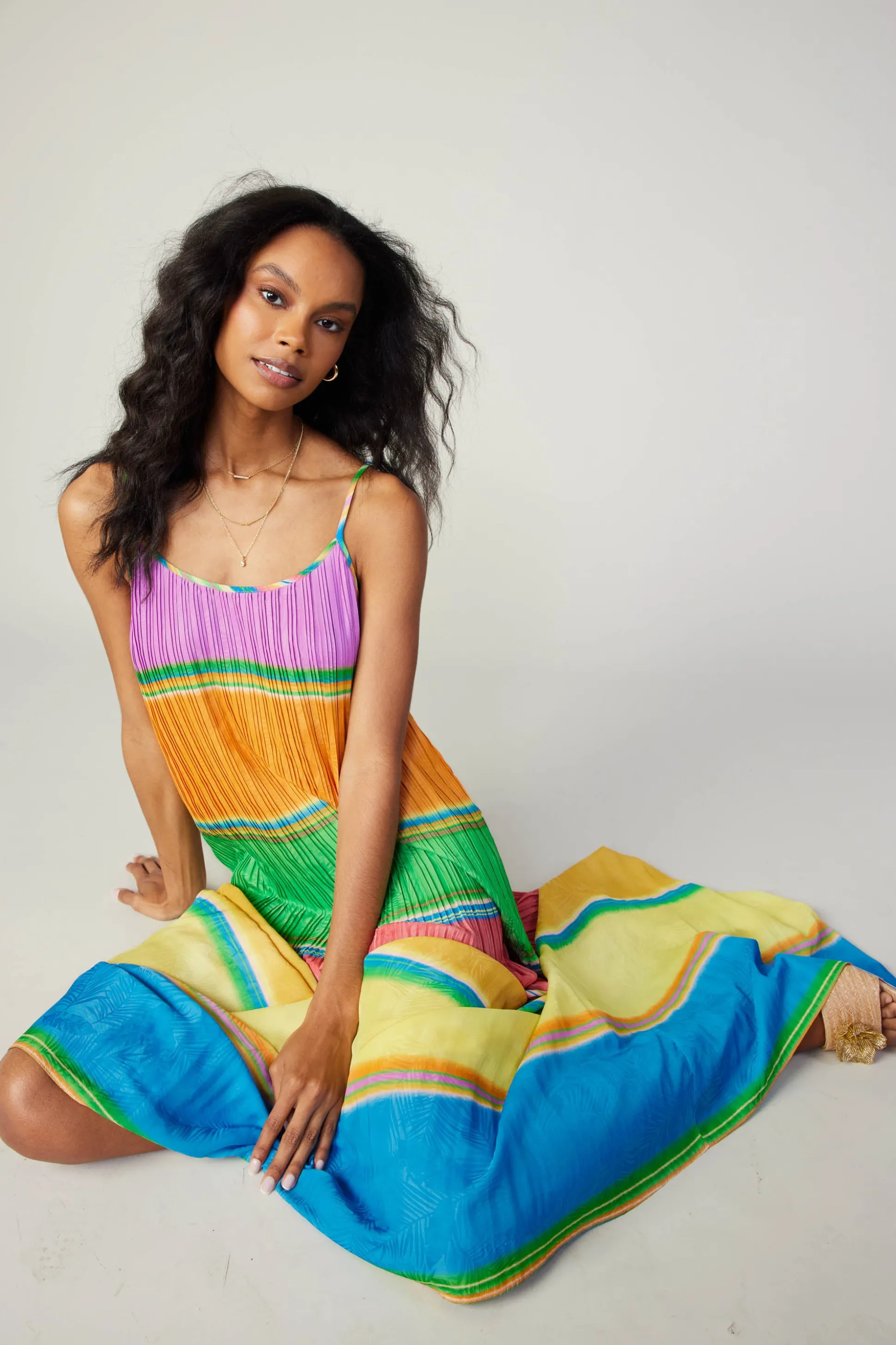 Multicolored Pleated Cami Dress<Current Air Online