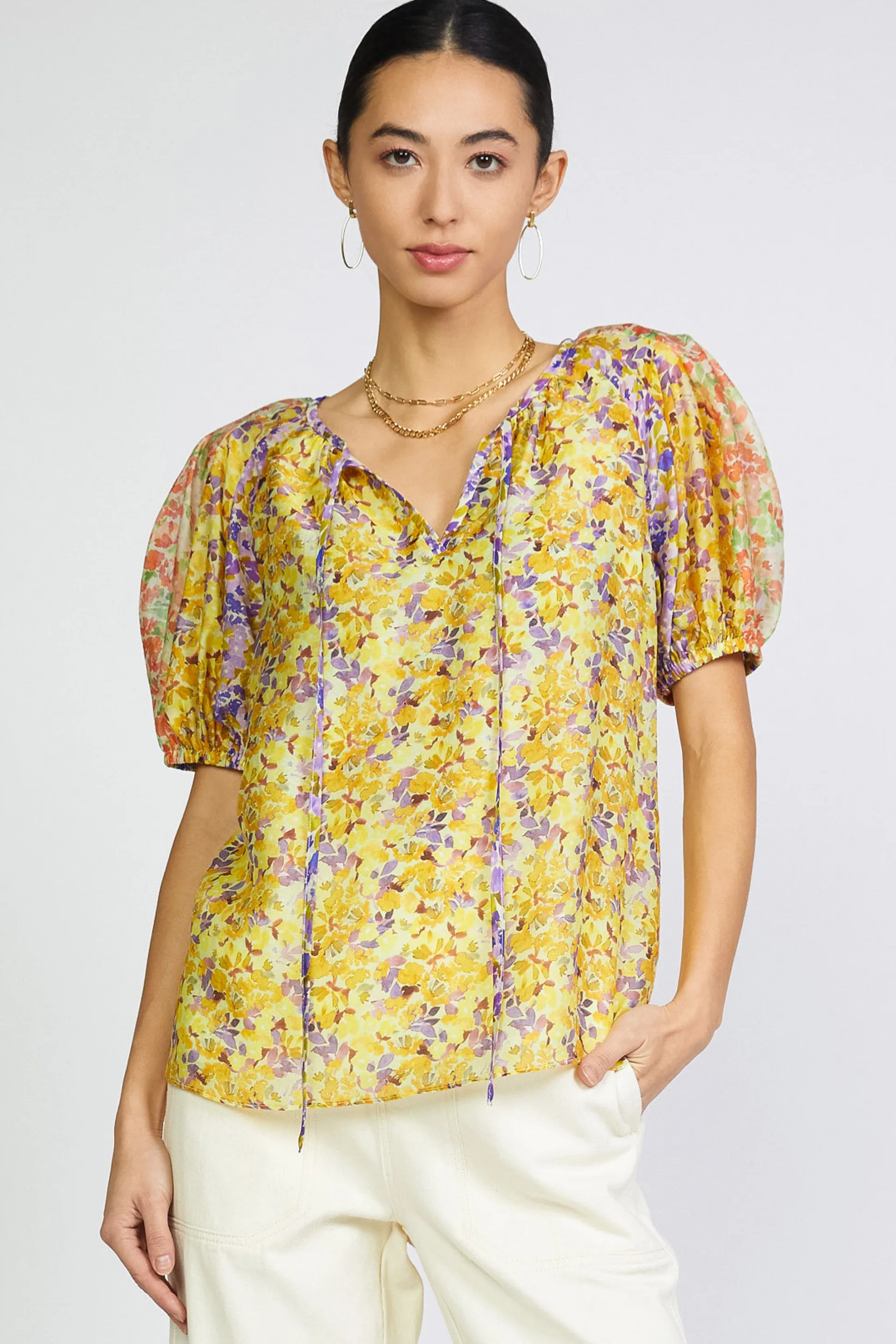 Floral Colorblock Split Neck Blouse<Current Air Best