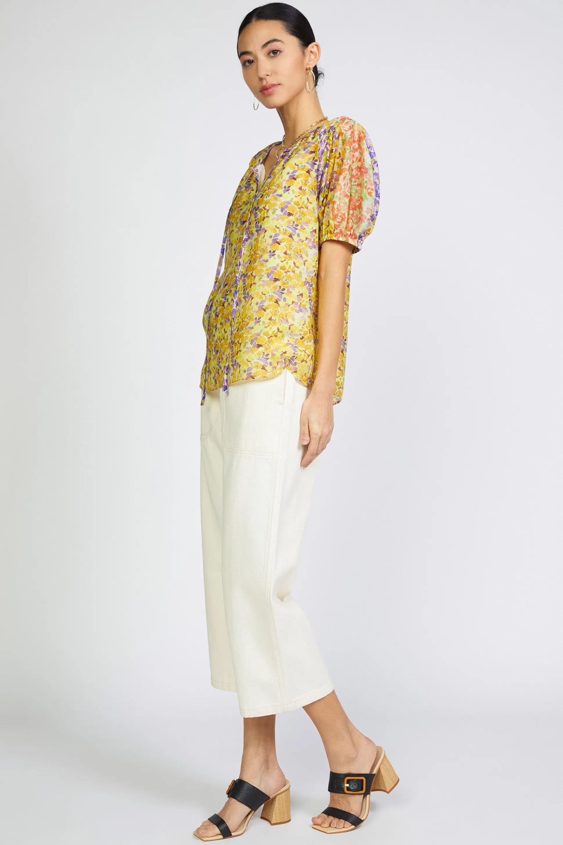 Floral Colorblock Split Neck Blouse<Current Air Best