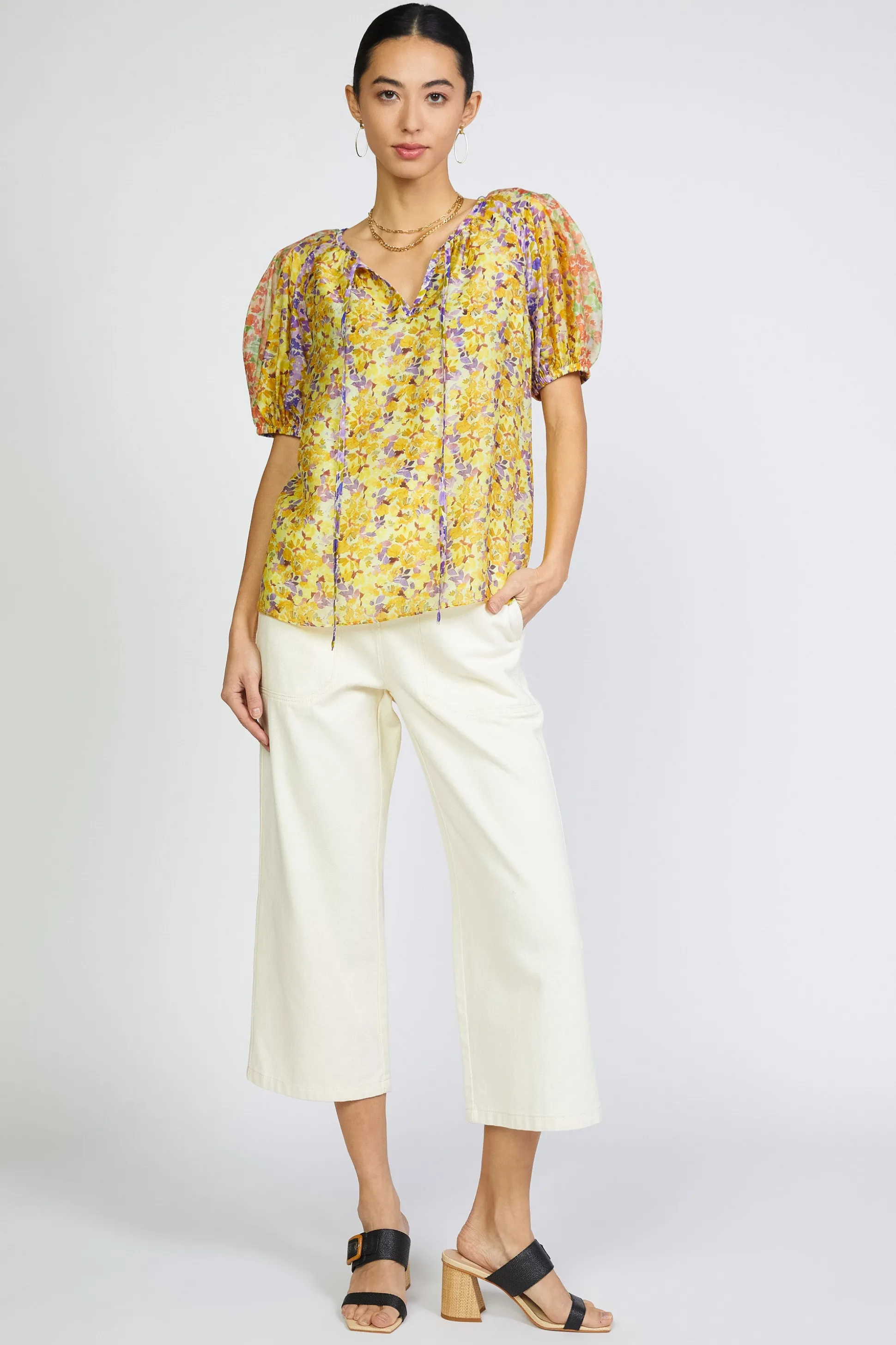 Floral Colorblock Split Neck Blouse<Current Air Best