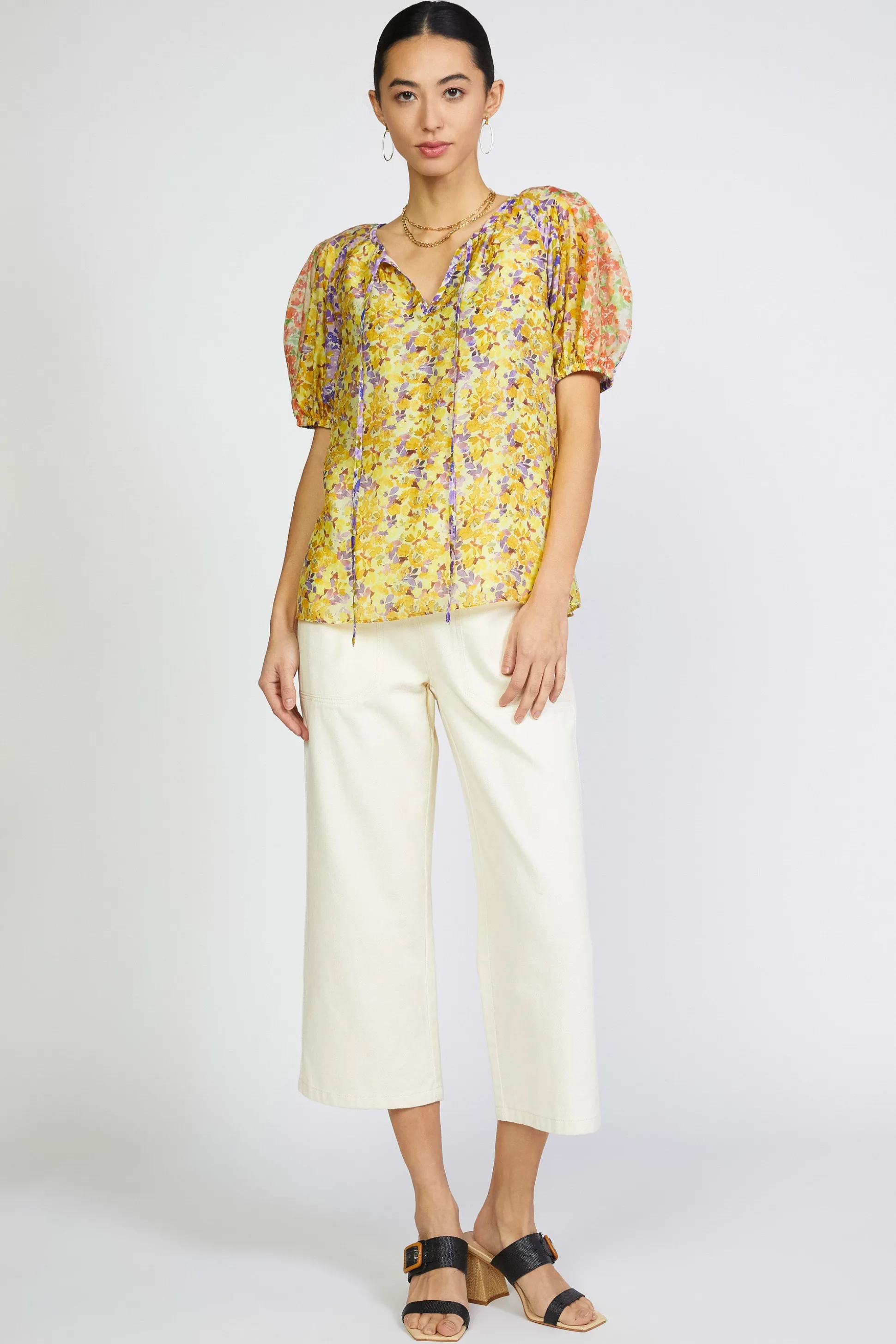 Floral Colorblock Split Neck Blouse<Current Air Best