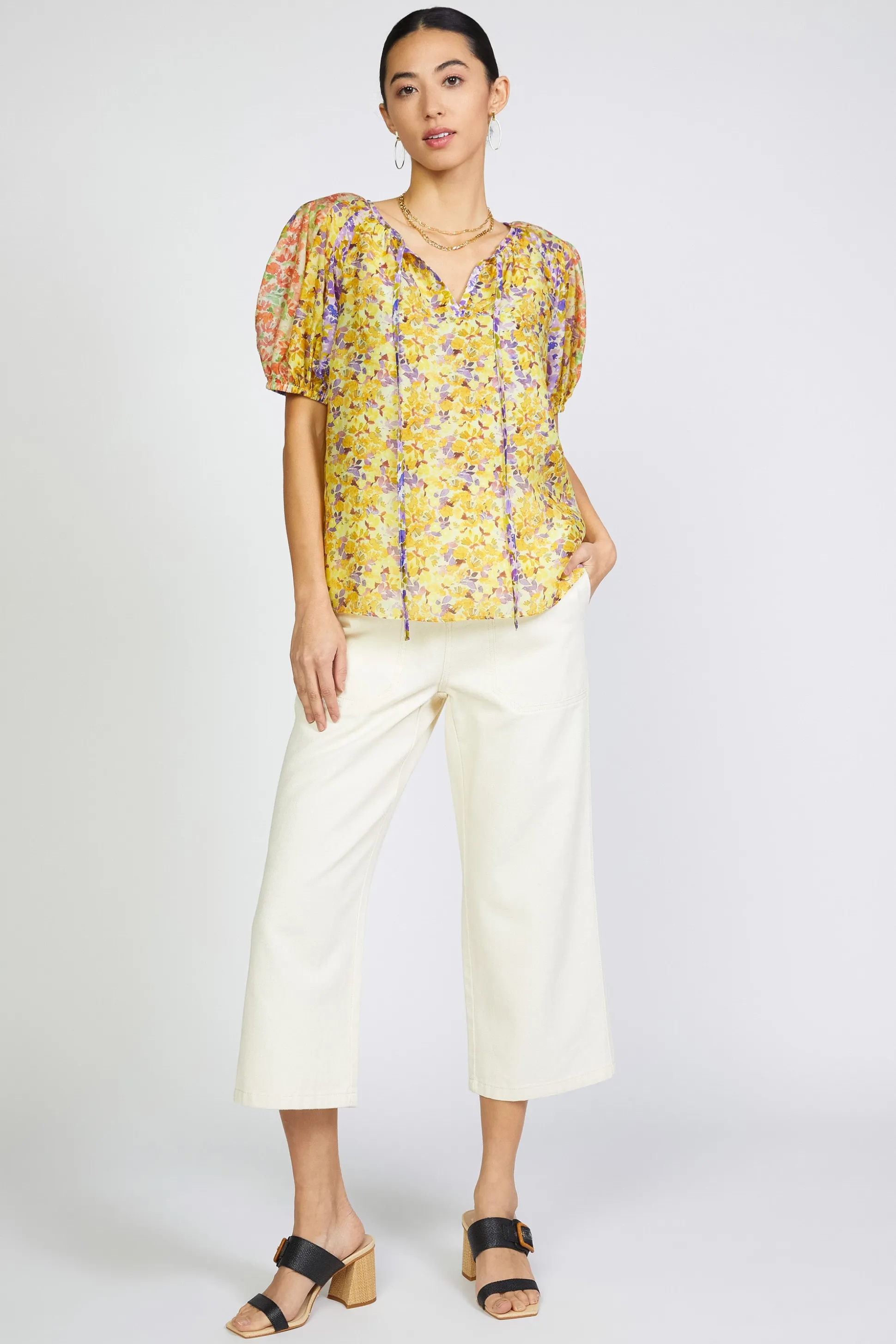 Floral Colorblock Split Neck Blouse<Current Air Best