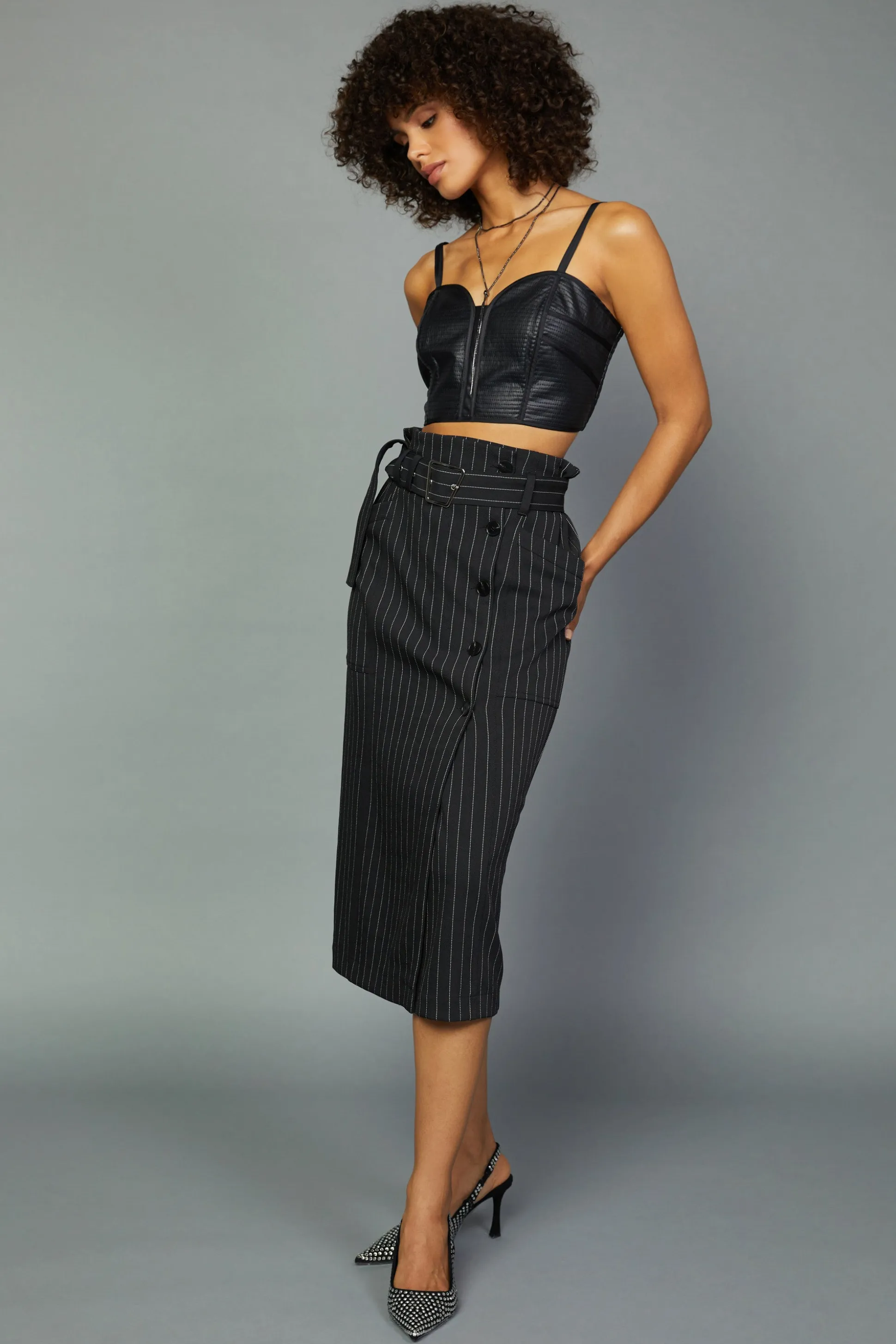 Pinstriped Midi Skirt<Current Air New