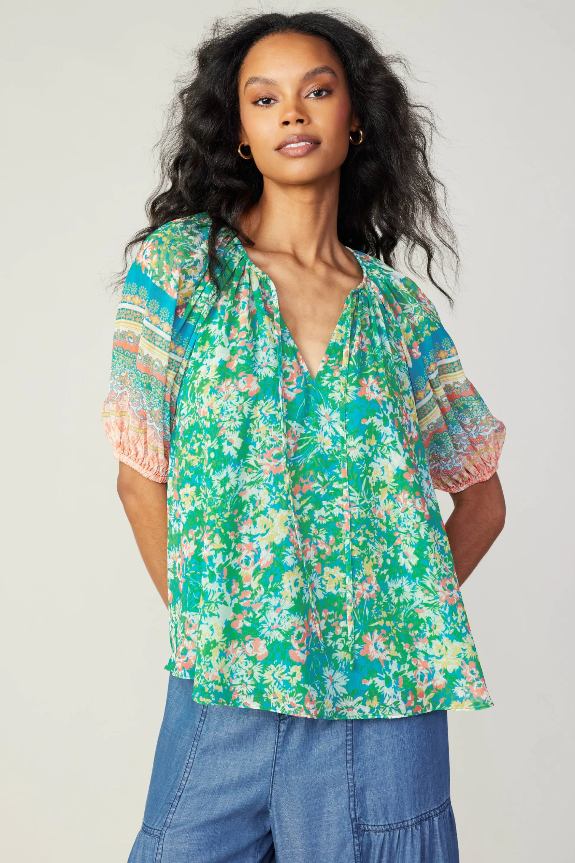 Bordered Floral Print Top<Current Air Discount