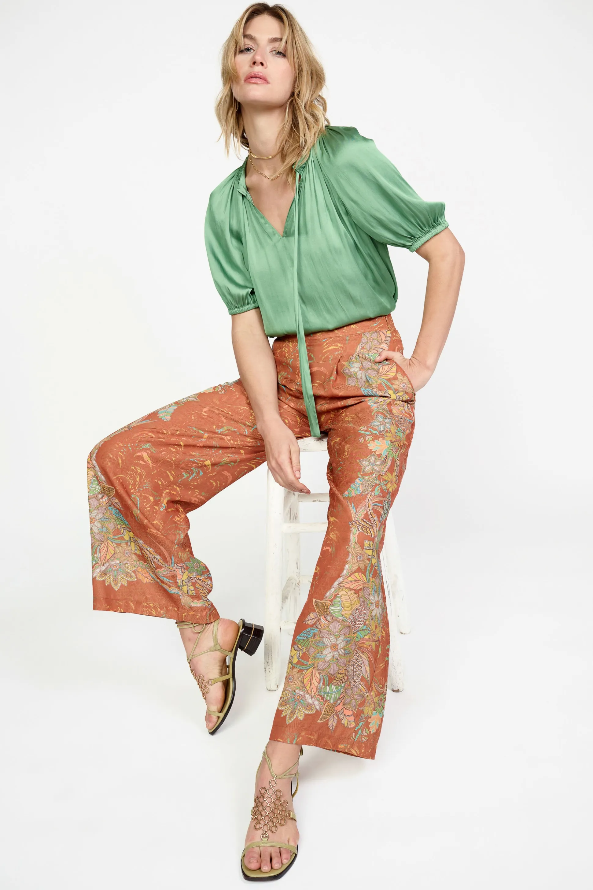 Border Print Retro Floral Pants<Current Air Best