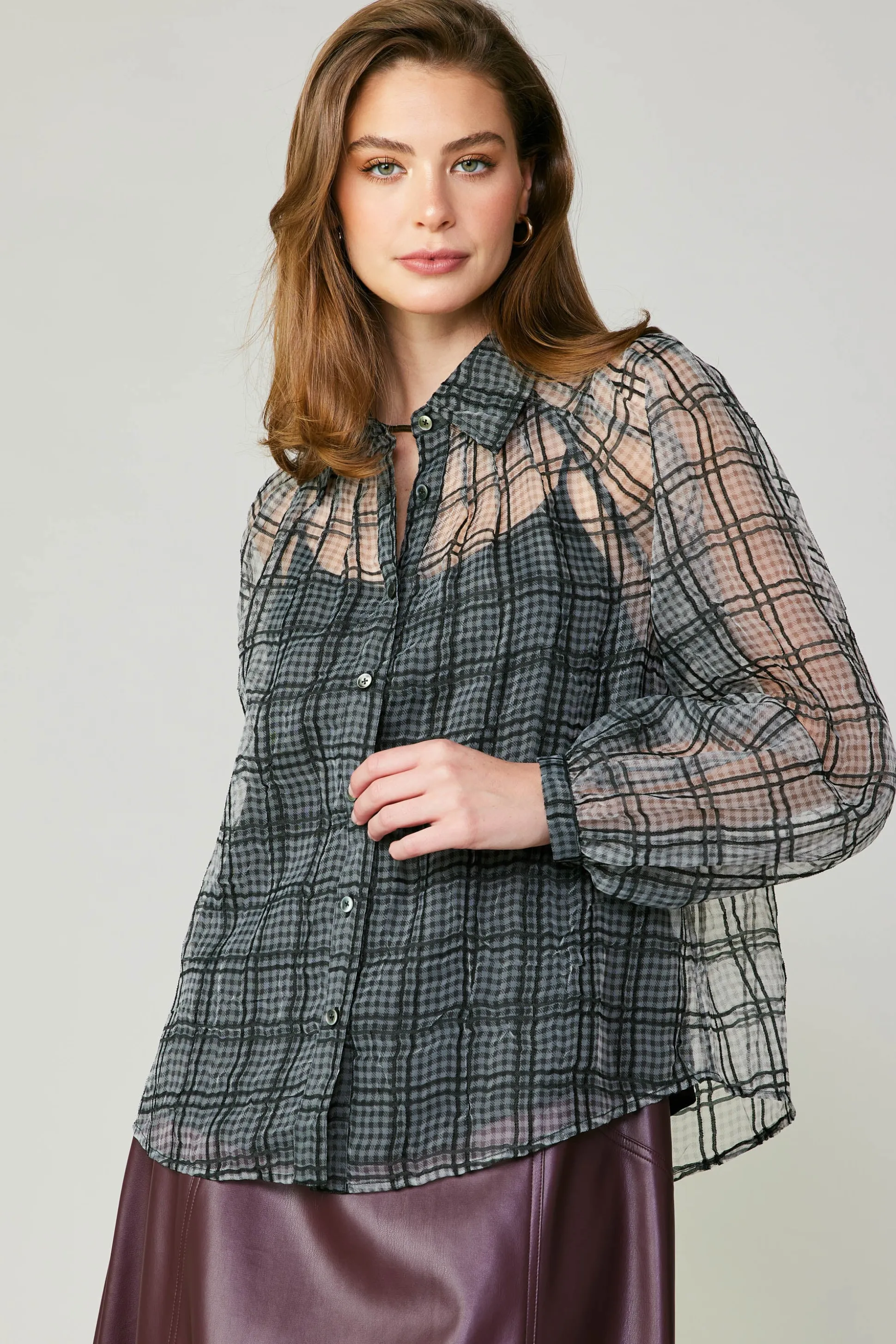 Windowpane Plaid Sheer Blouse<Current Air Best