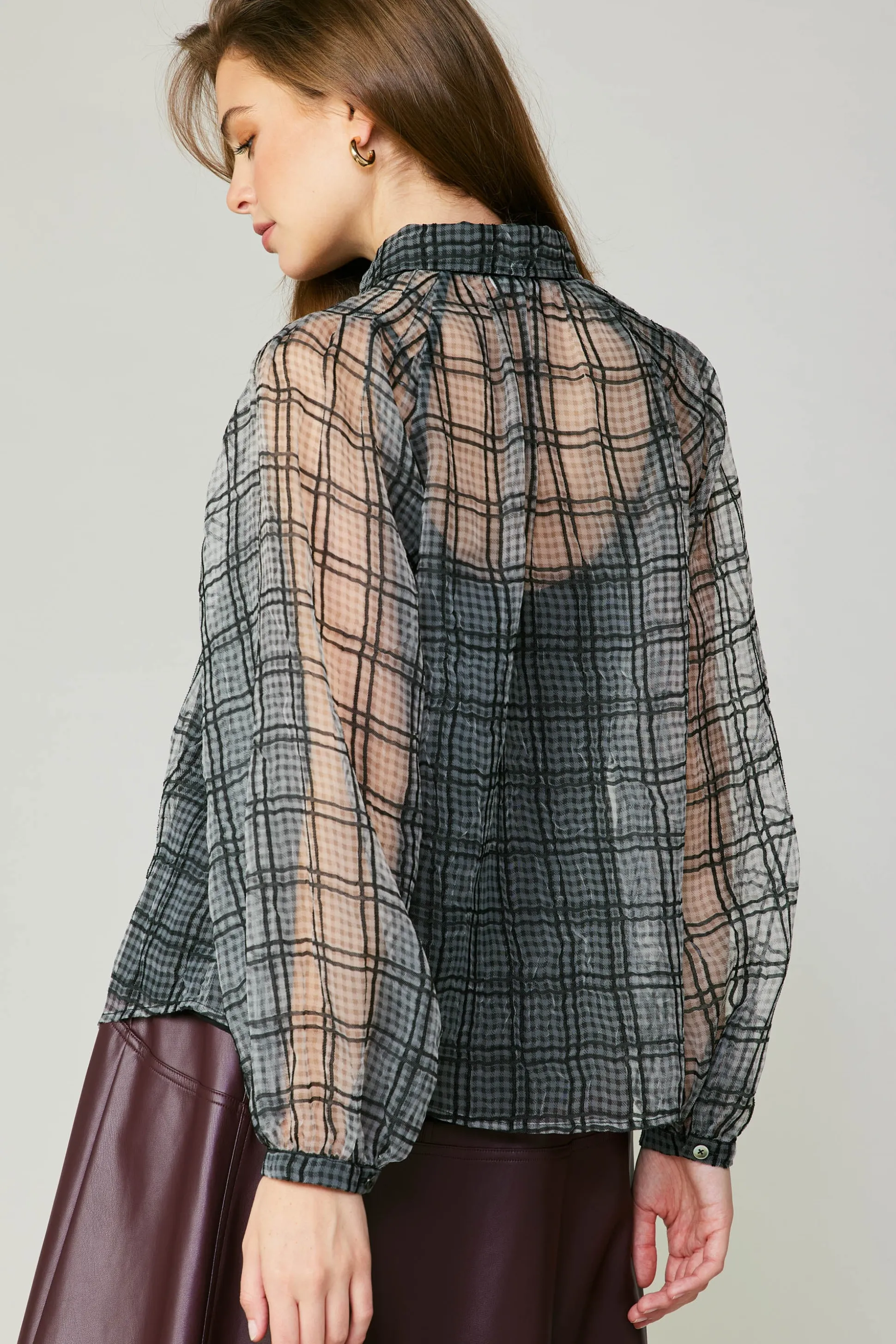Windowpane Plaid Sheer Blouse<Current Air Best