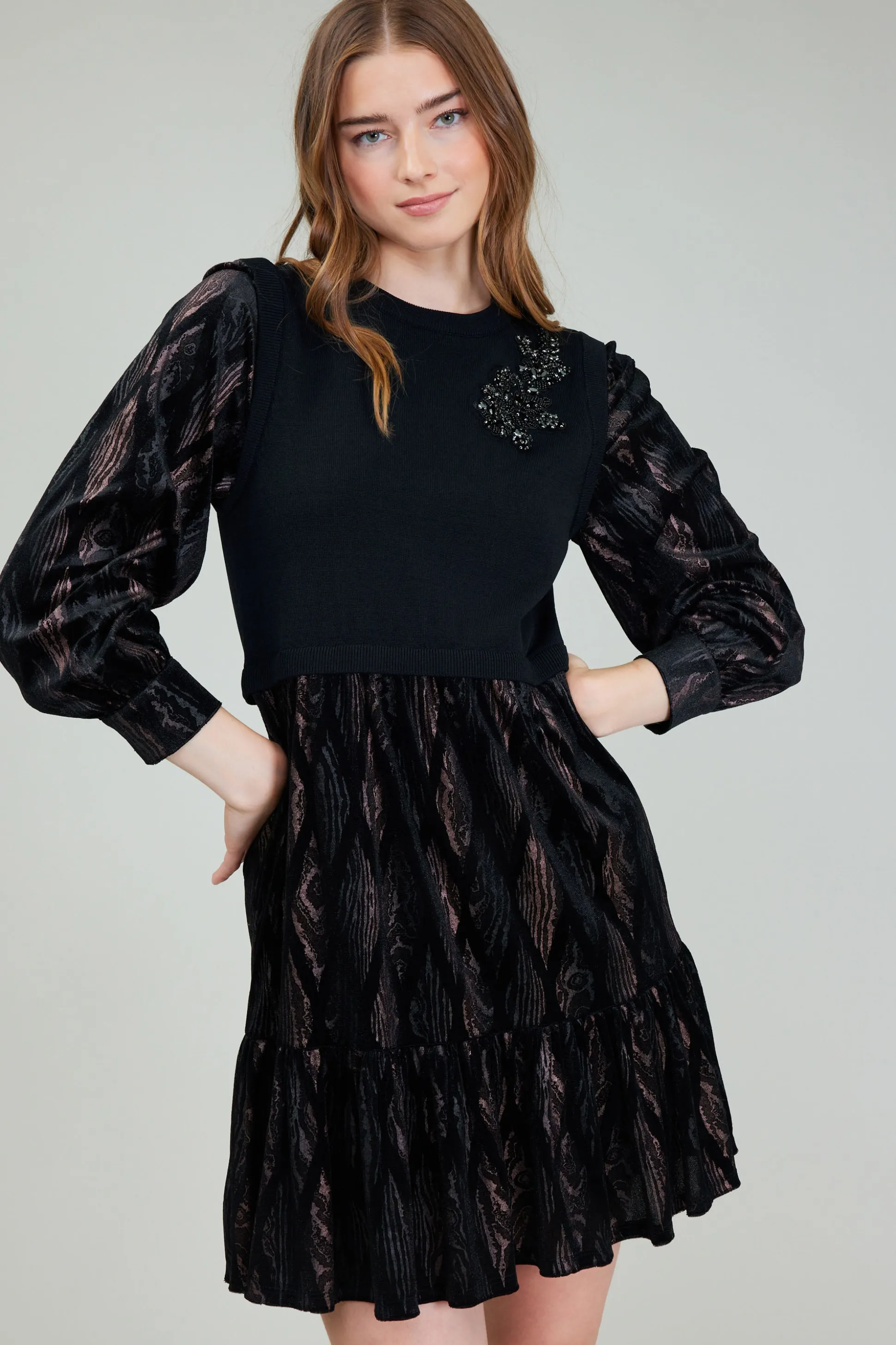 Contrast Velvet Foil Mini Dress<Current Air Sale