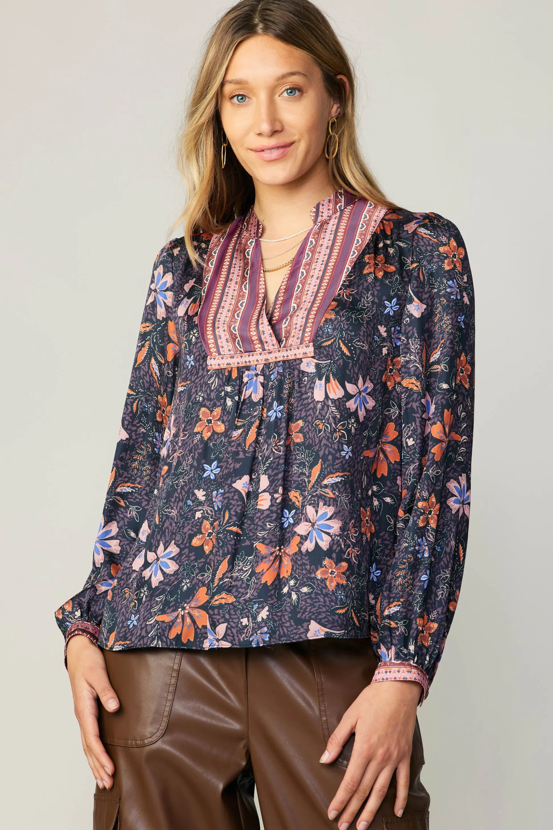 Contrast Stripe Floral Blouse<Current Air Discount