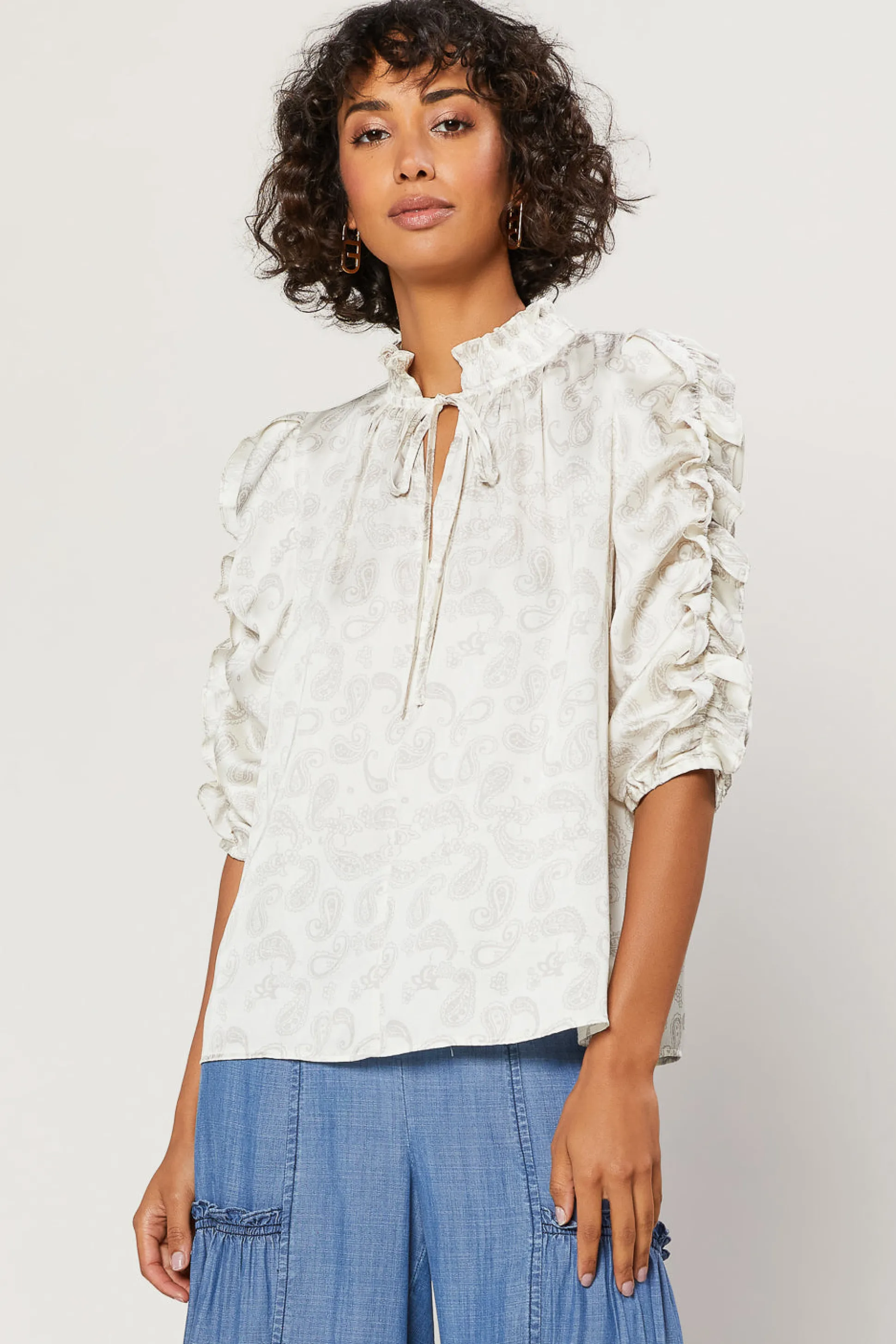 Ruffled Sleeve Jacquard Top<Current Air Sale