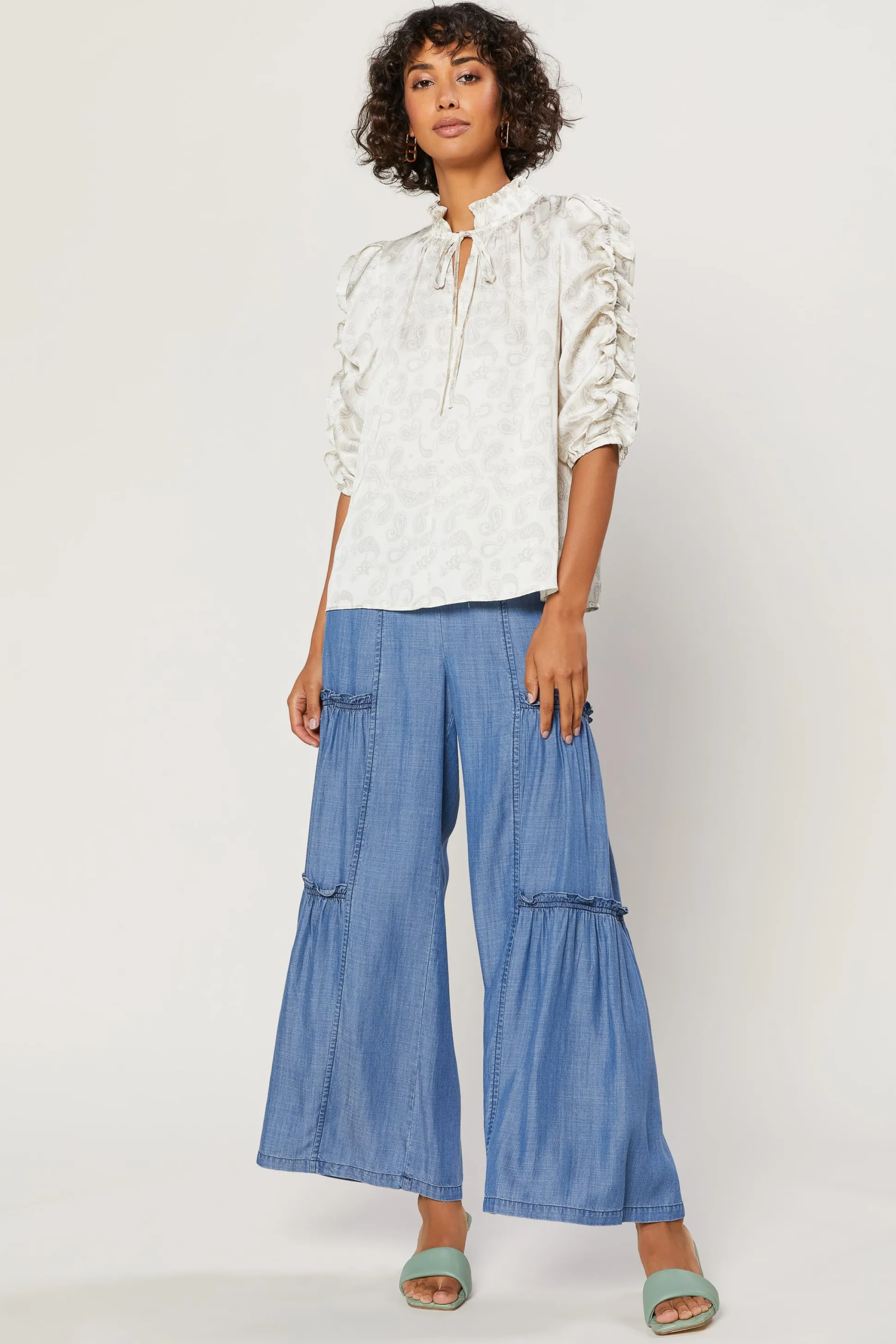 Ruffled Sleeve Jacquard Top<Current Air Sale