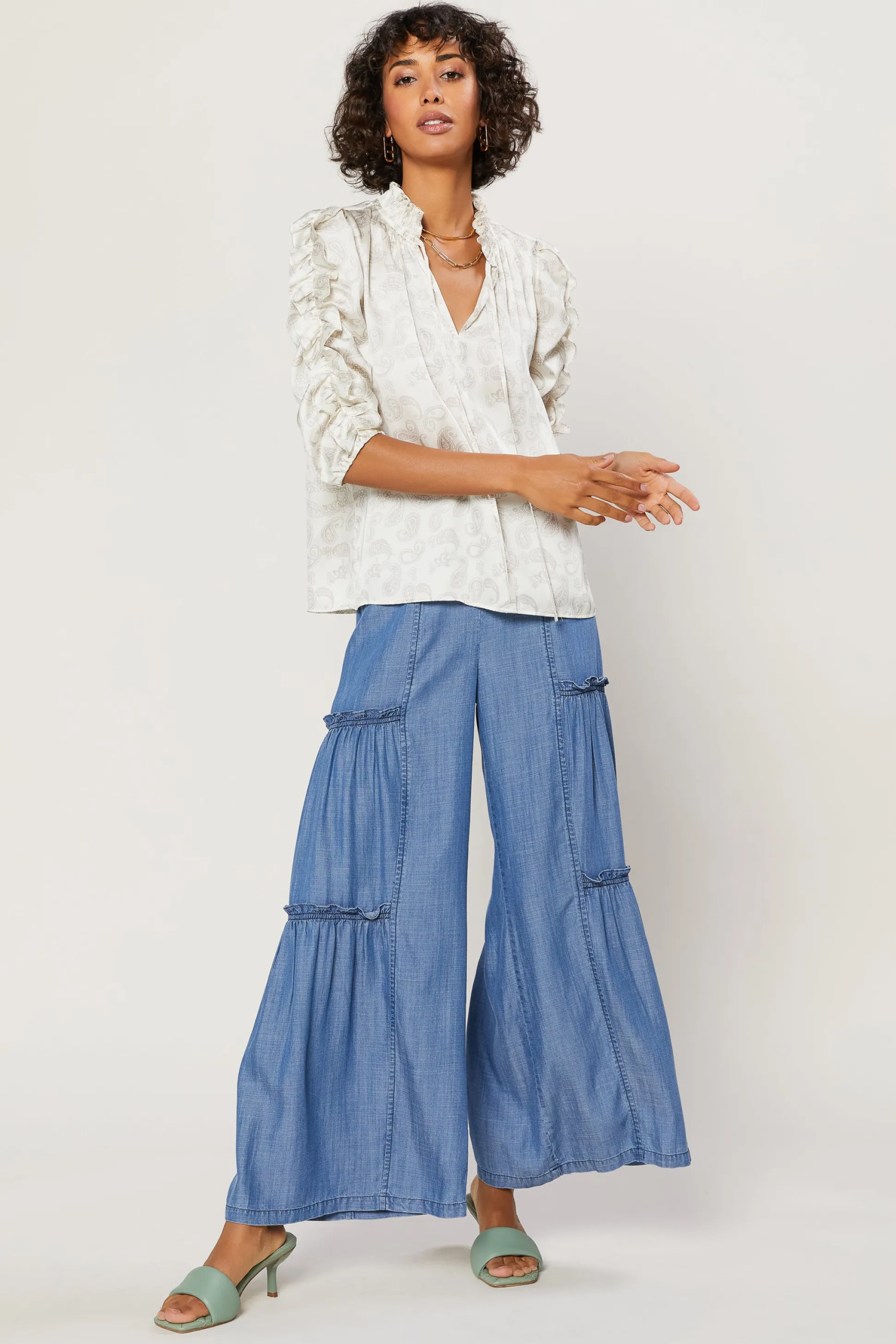 Ruffled Sleeve Jacquard Top<Current Air Sale