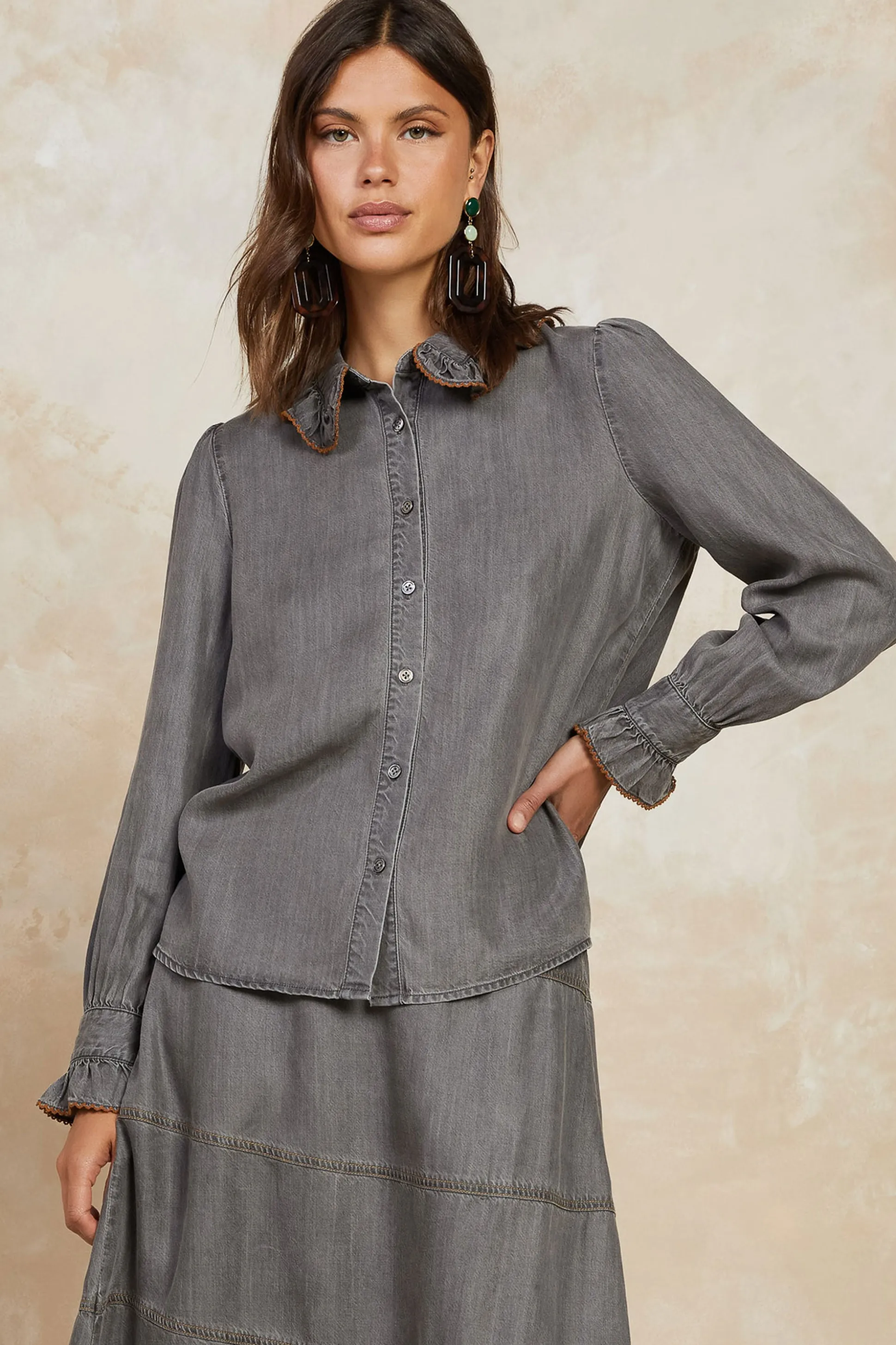 Chambray Button Down Blouse<Current Air Fashion