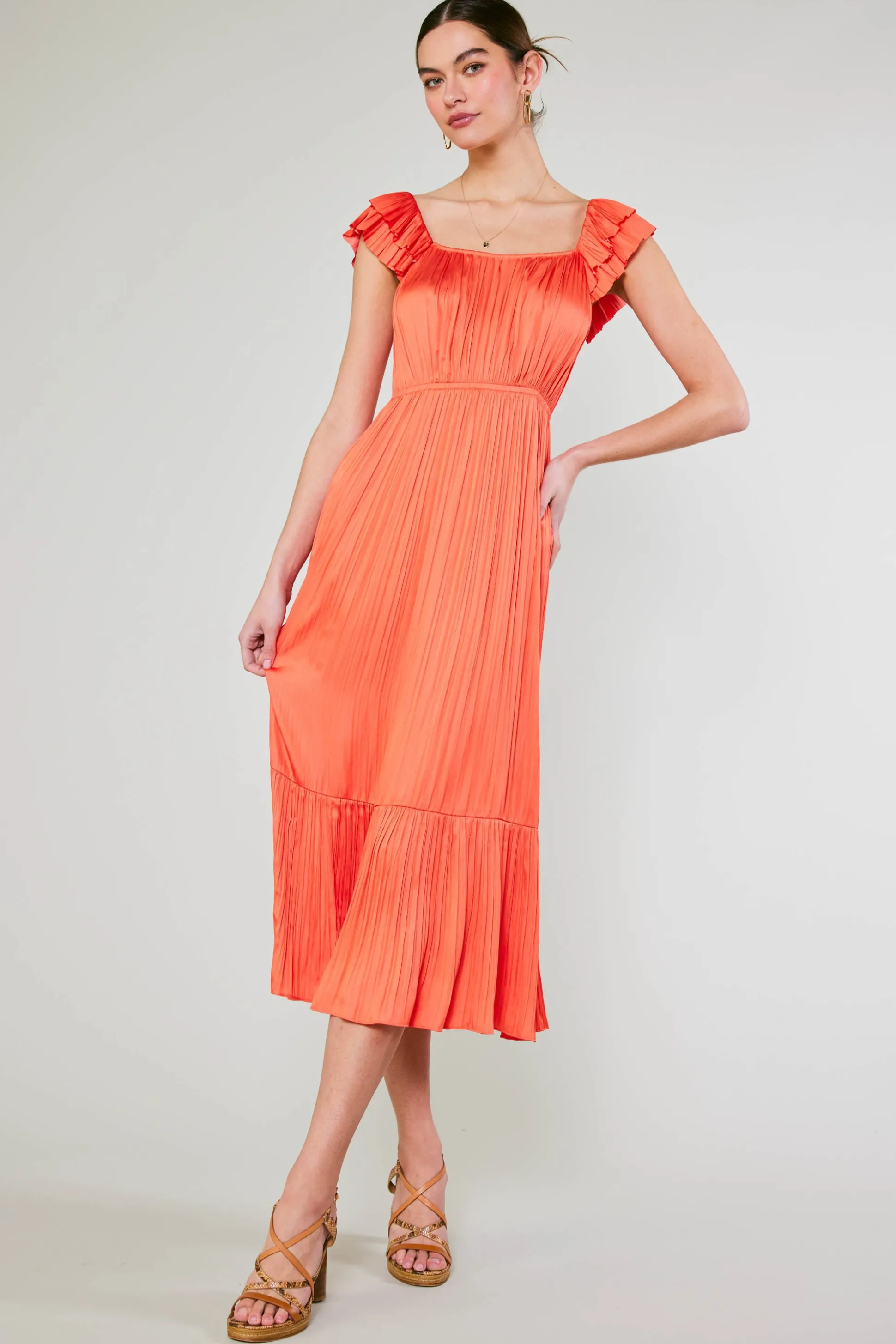 Square Neck Flutter Sleeve Midi Dress<Current Air Fashion