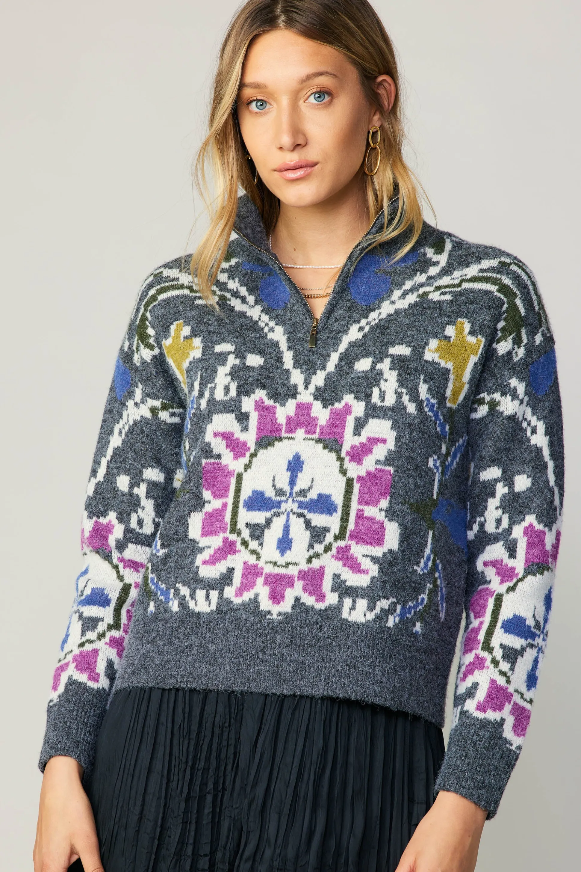 Jacquard Zip Sweater<Current Air Best