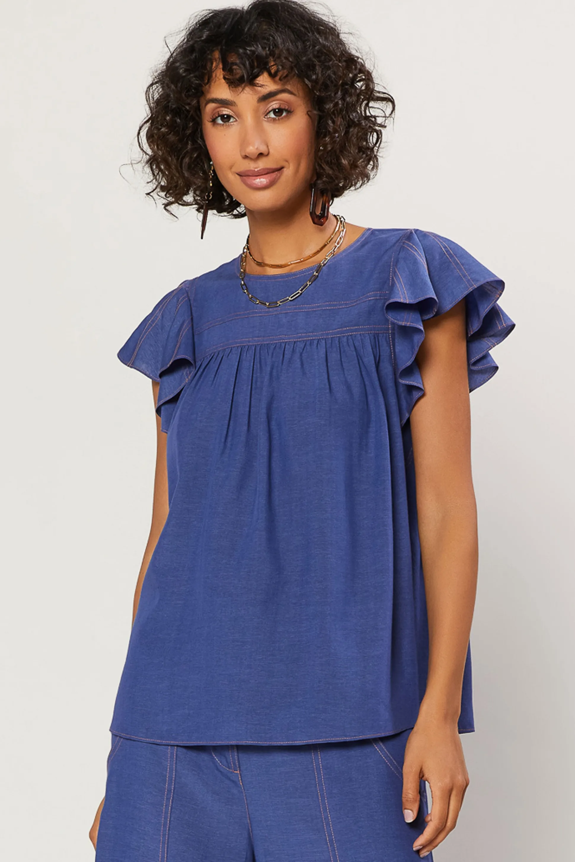 Indigo Ruffled Sleeve Top<Current Air Sale