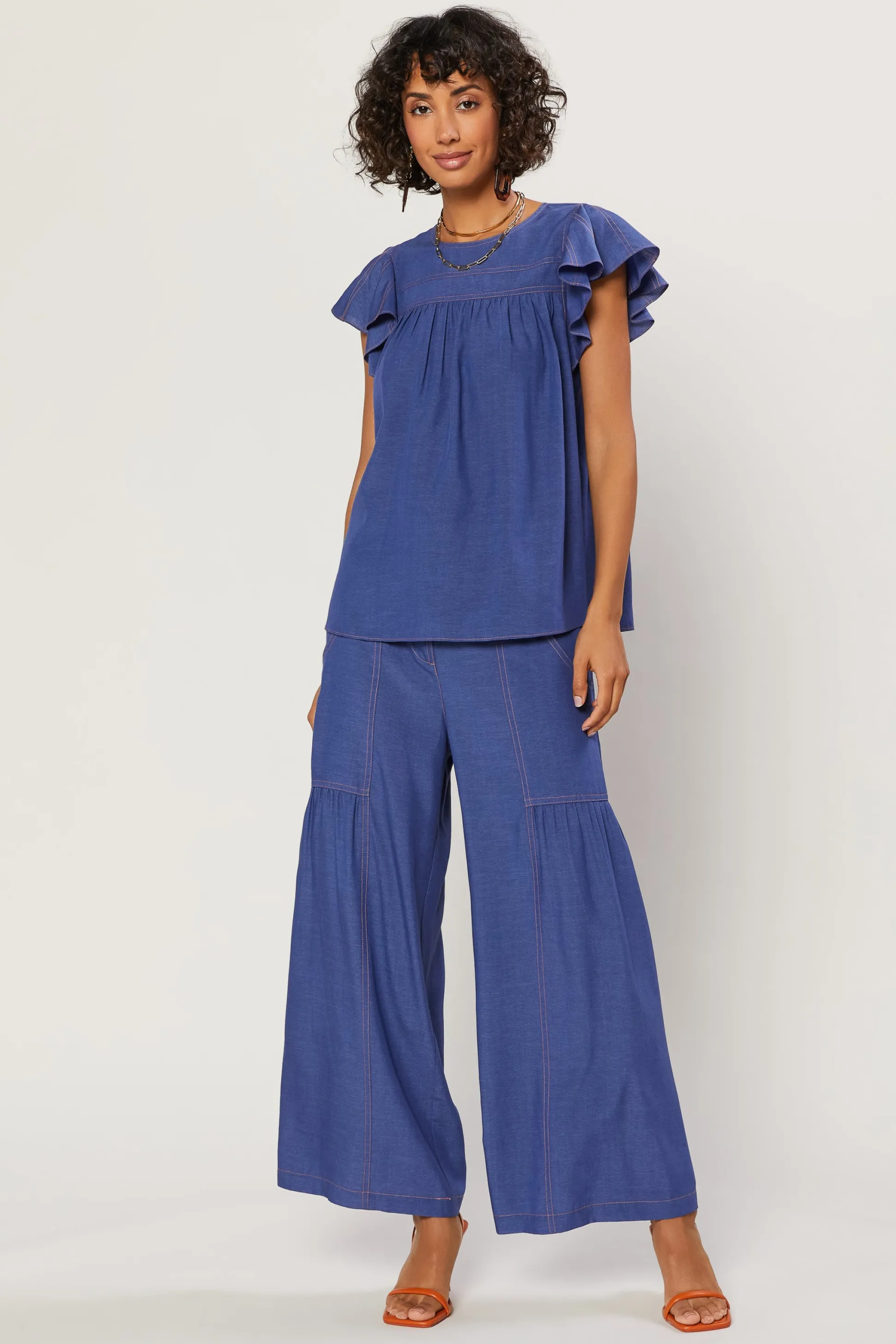 Indigo Ruffled Sleeve Top<Current Air Sale