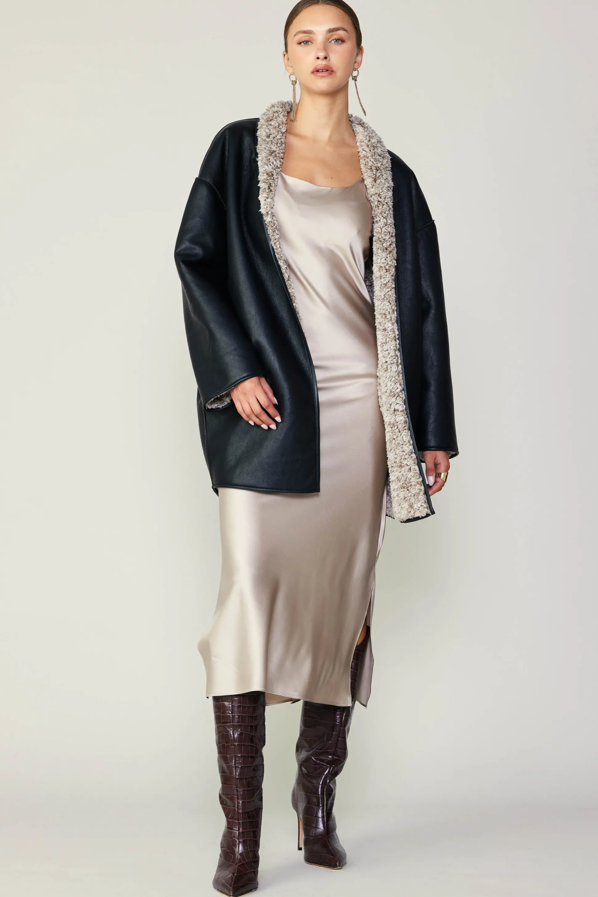 Reversible Faux Fur & Leather Coat<Current Air Hot