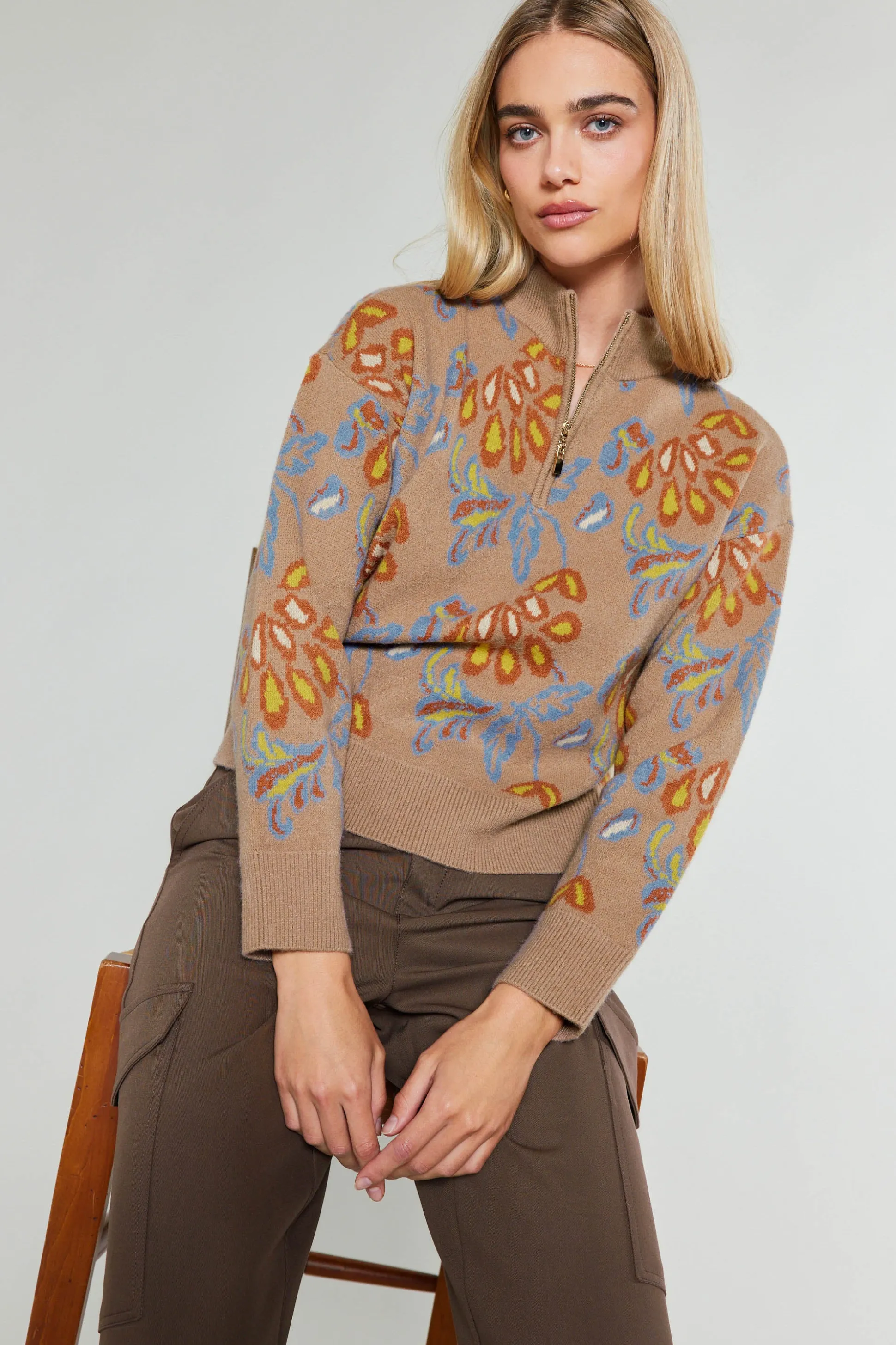 Floral Jacquard Zip Sweater<Current Air Online
