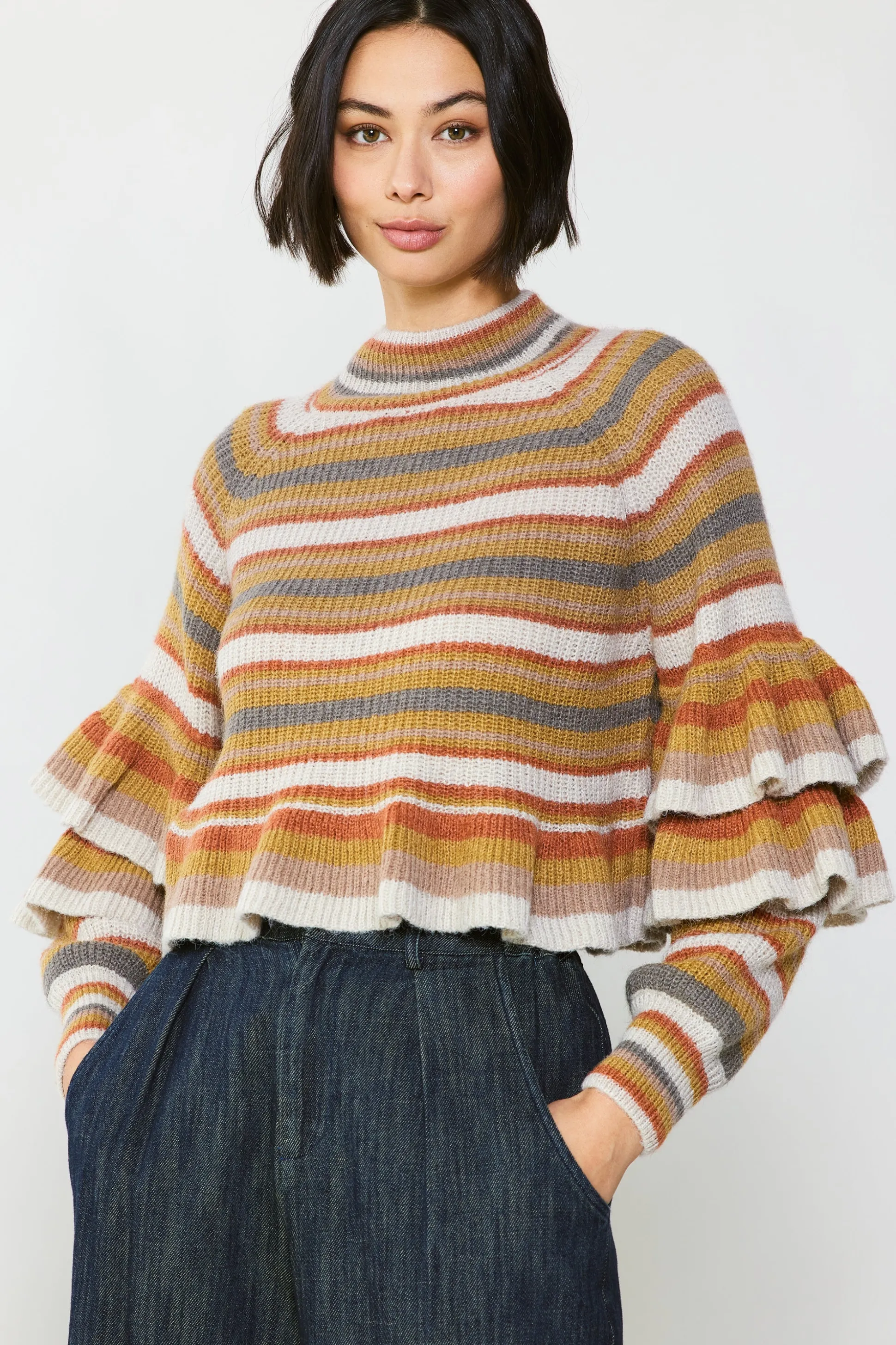 Striped Tiered Sleeve Sweater<Current Air Fashion