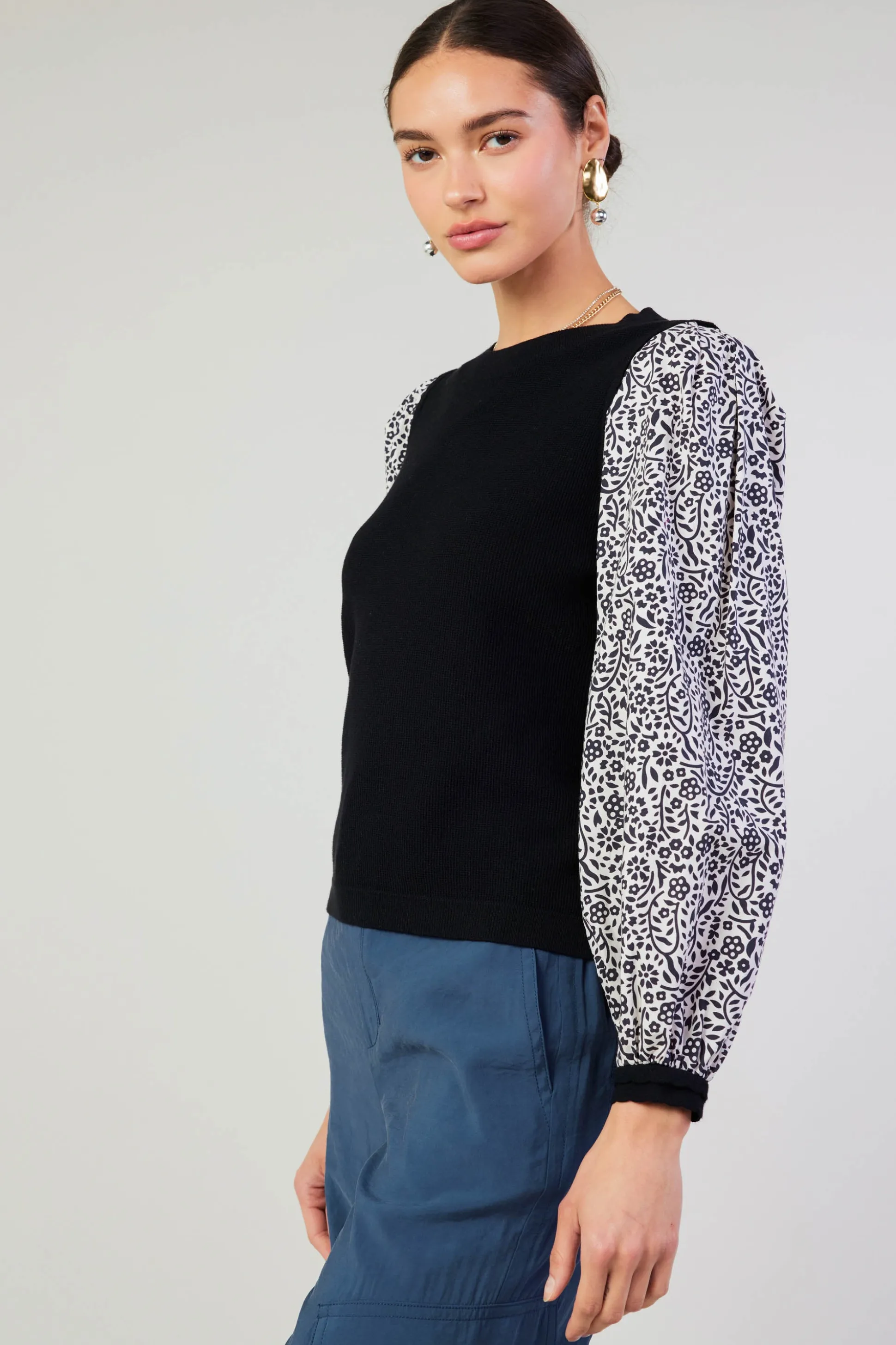 Contrast Sleeve Sweater Top<Current Air New