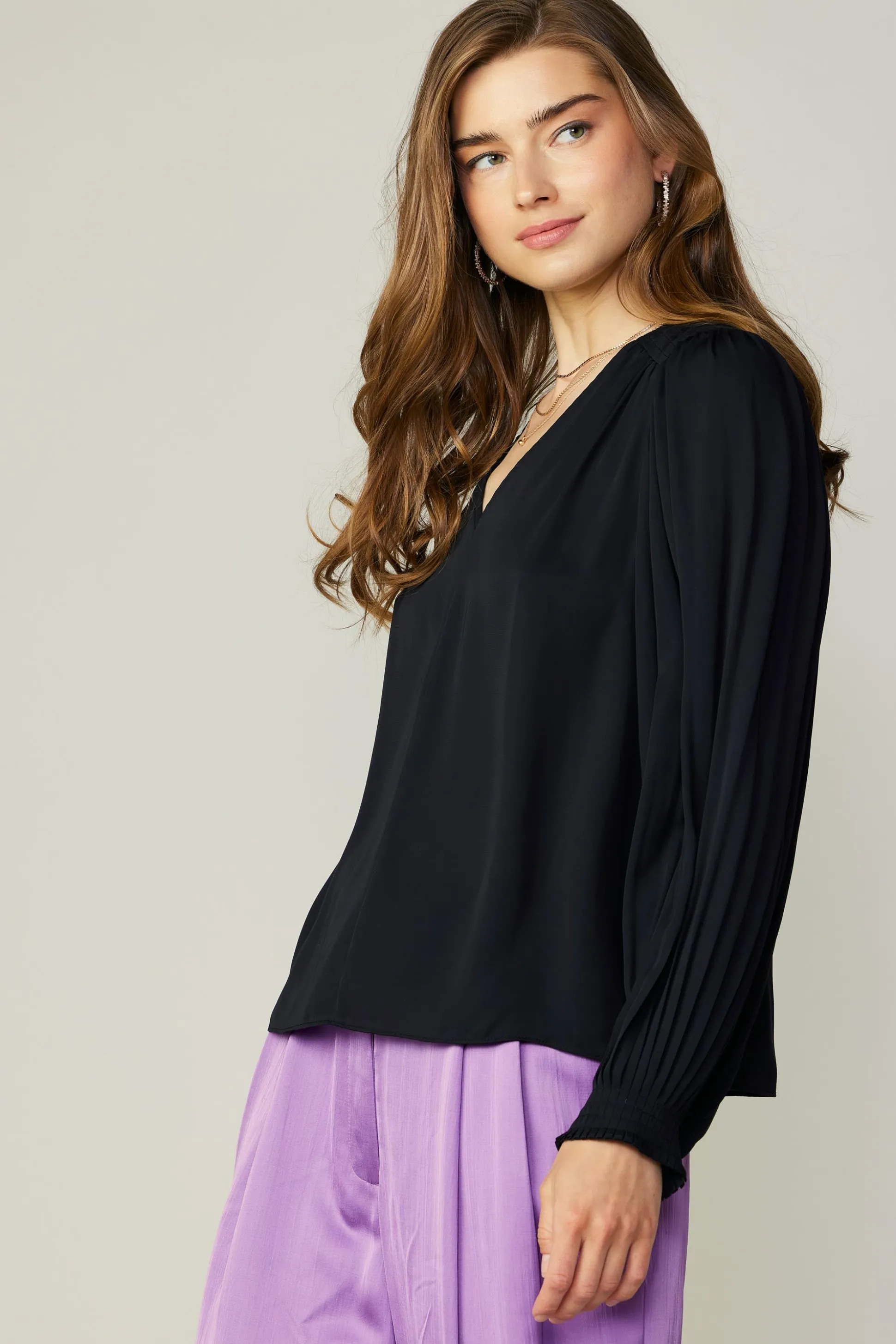 Long Pleated Sleeve Blouse<Current Air Fashion
