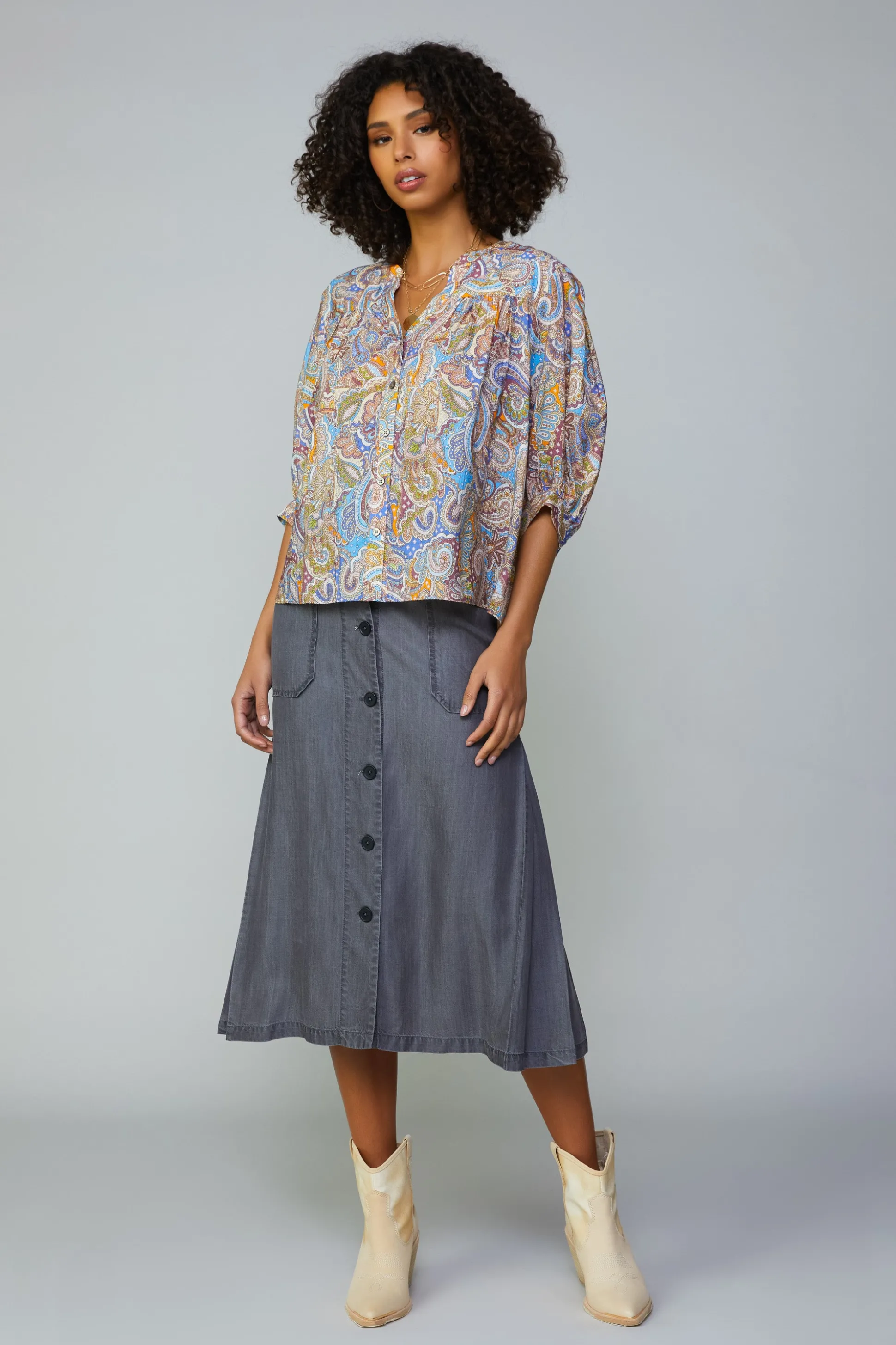 Paisley Motif Button Blouse<Current Air Online