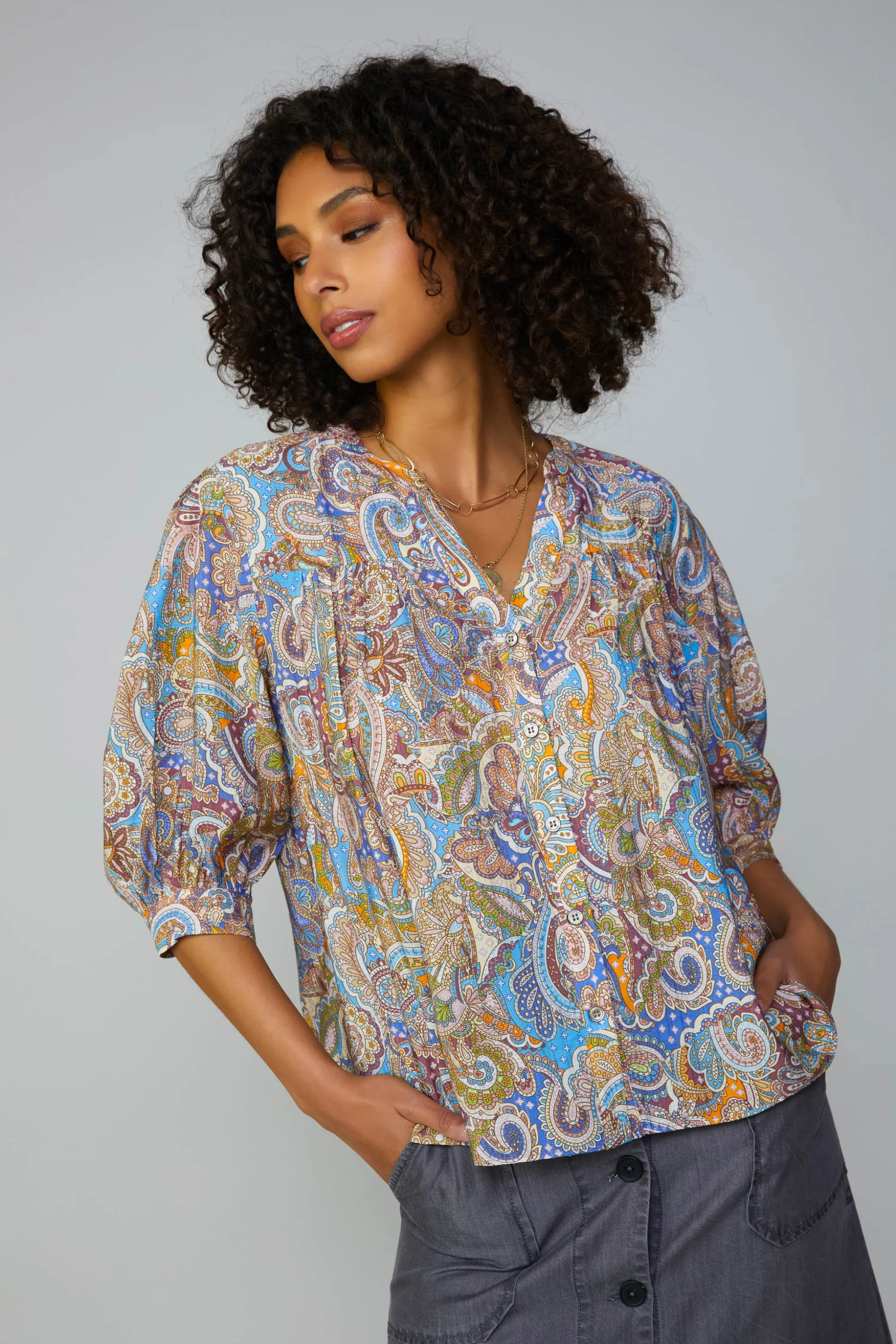 Paisley Motif Button Blouse<Current Air Online