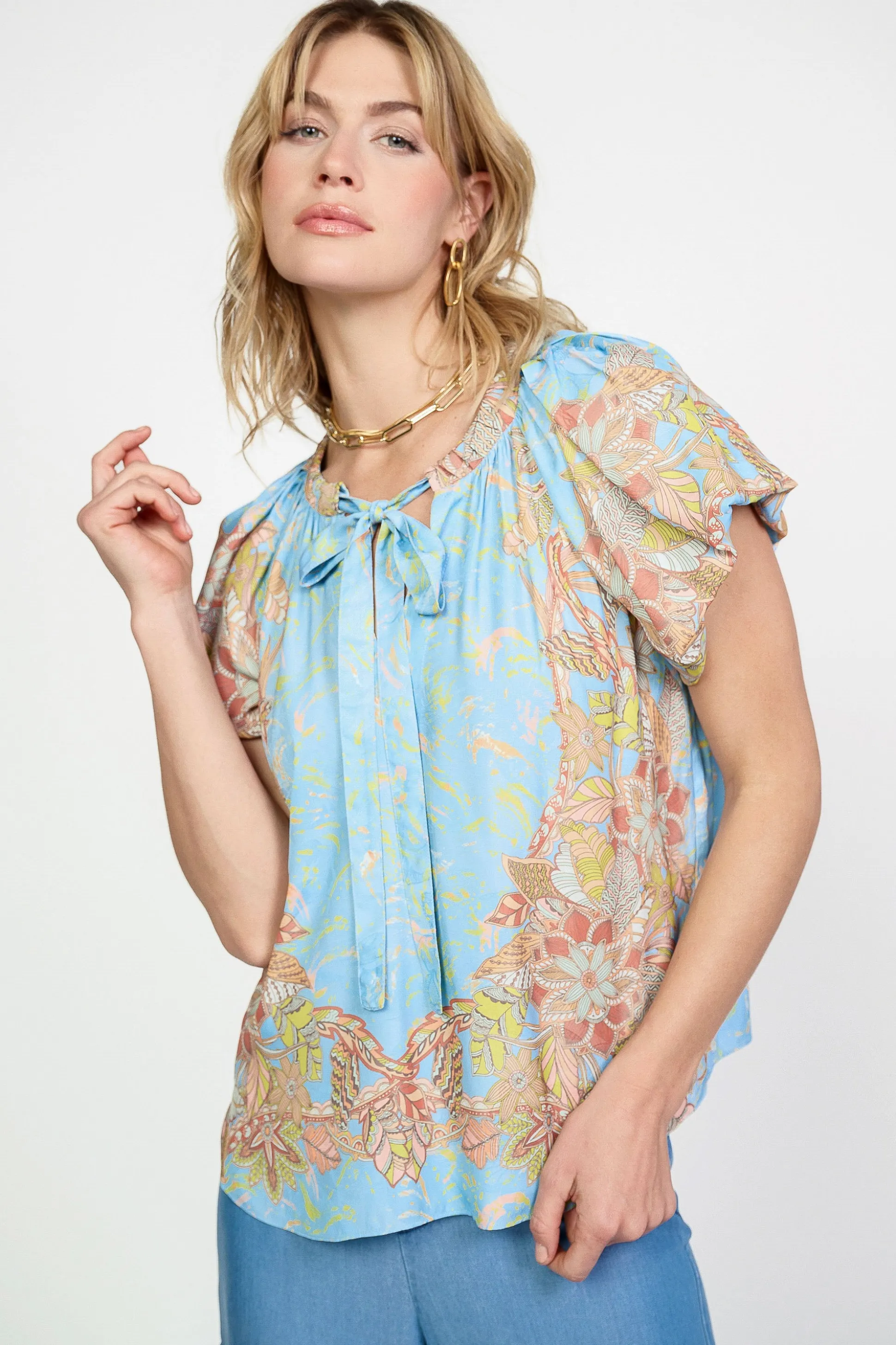 Retro Floral Bubble Sleeve Top<Current Air Best