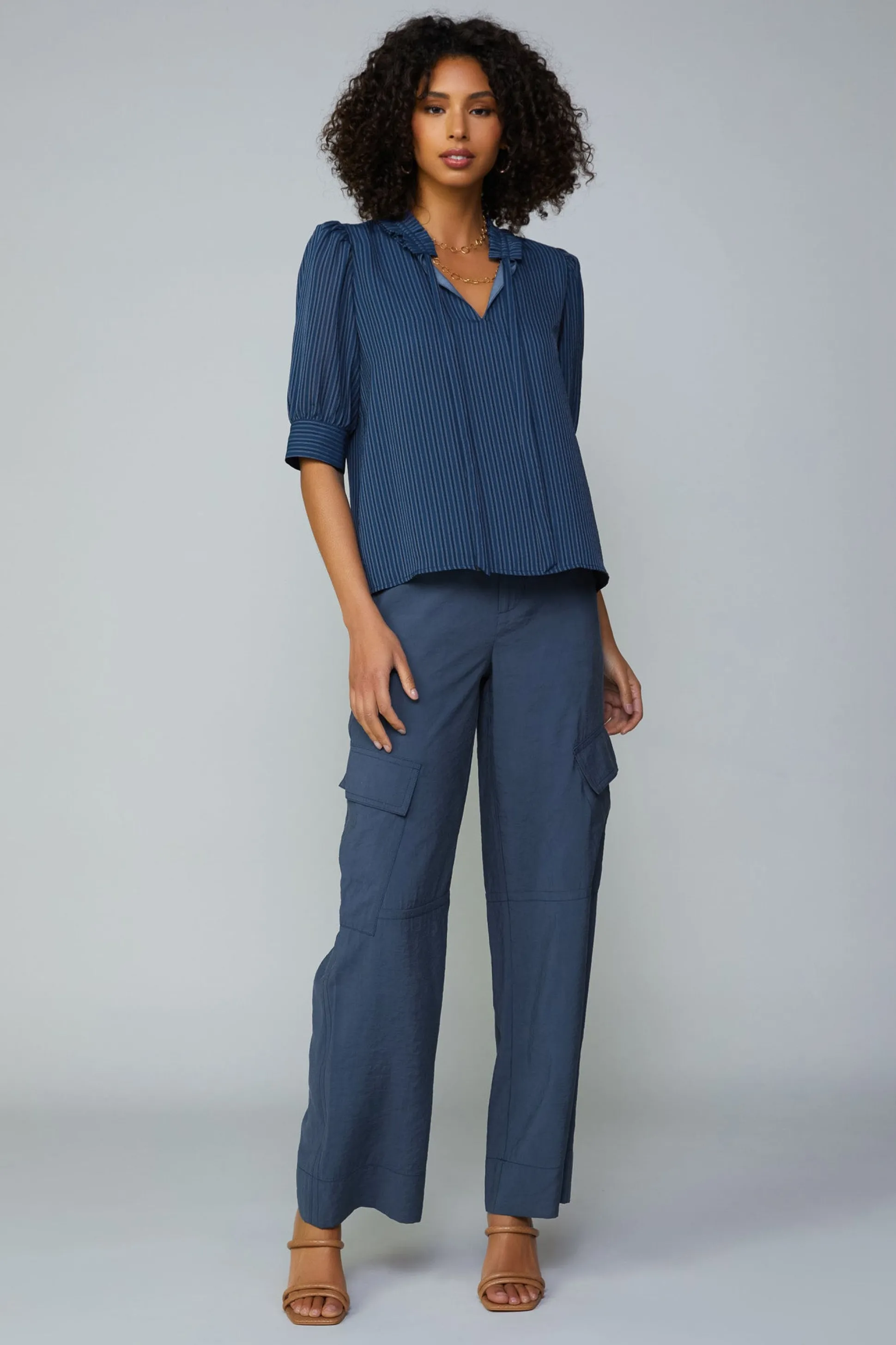 Striped Structured Sleeve Blouse<Current Air New