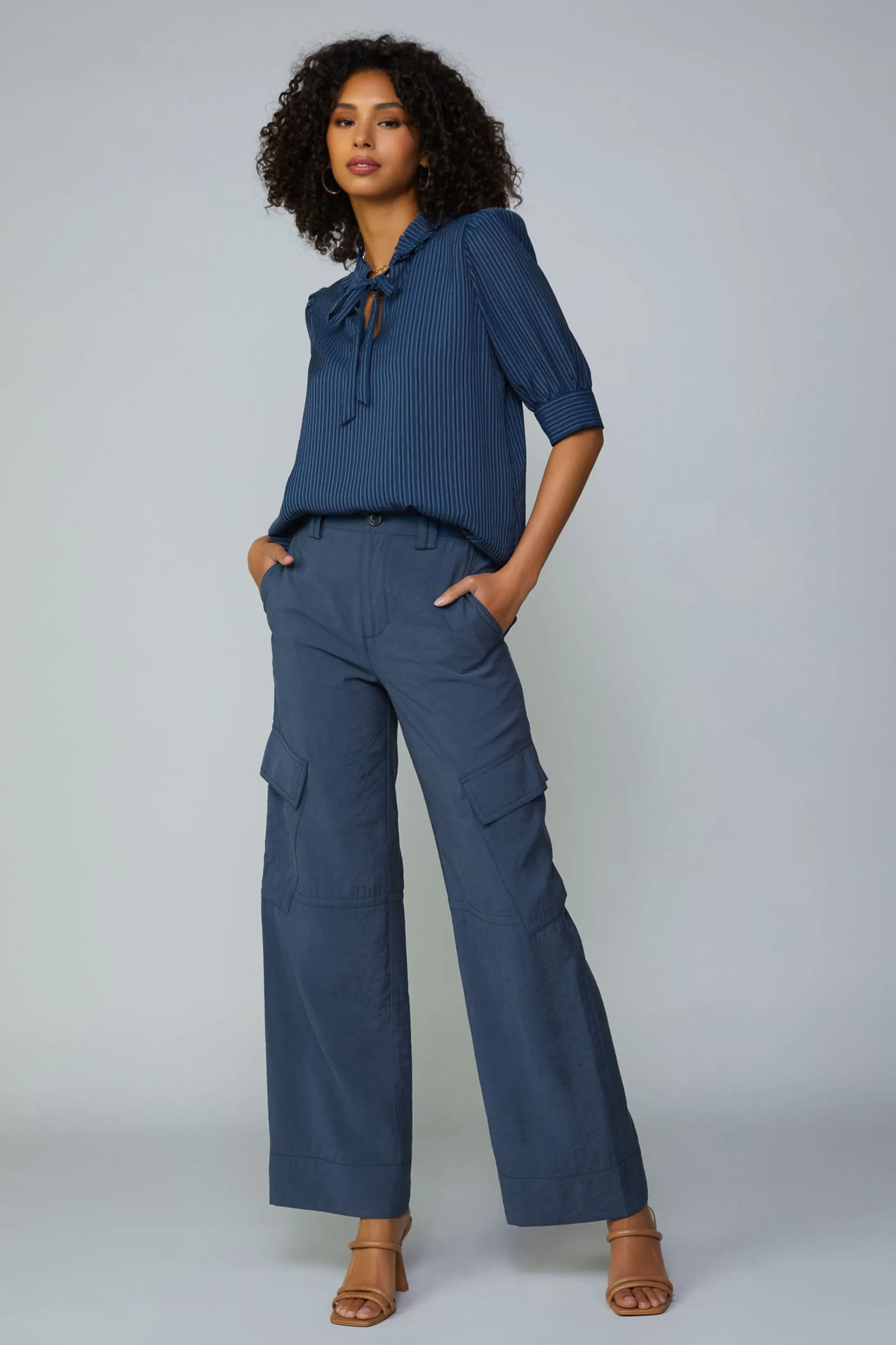 Striped Structured Sleeve Blouse<Current Air New