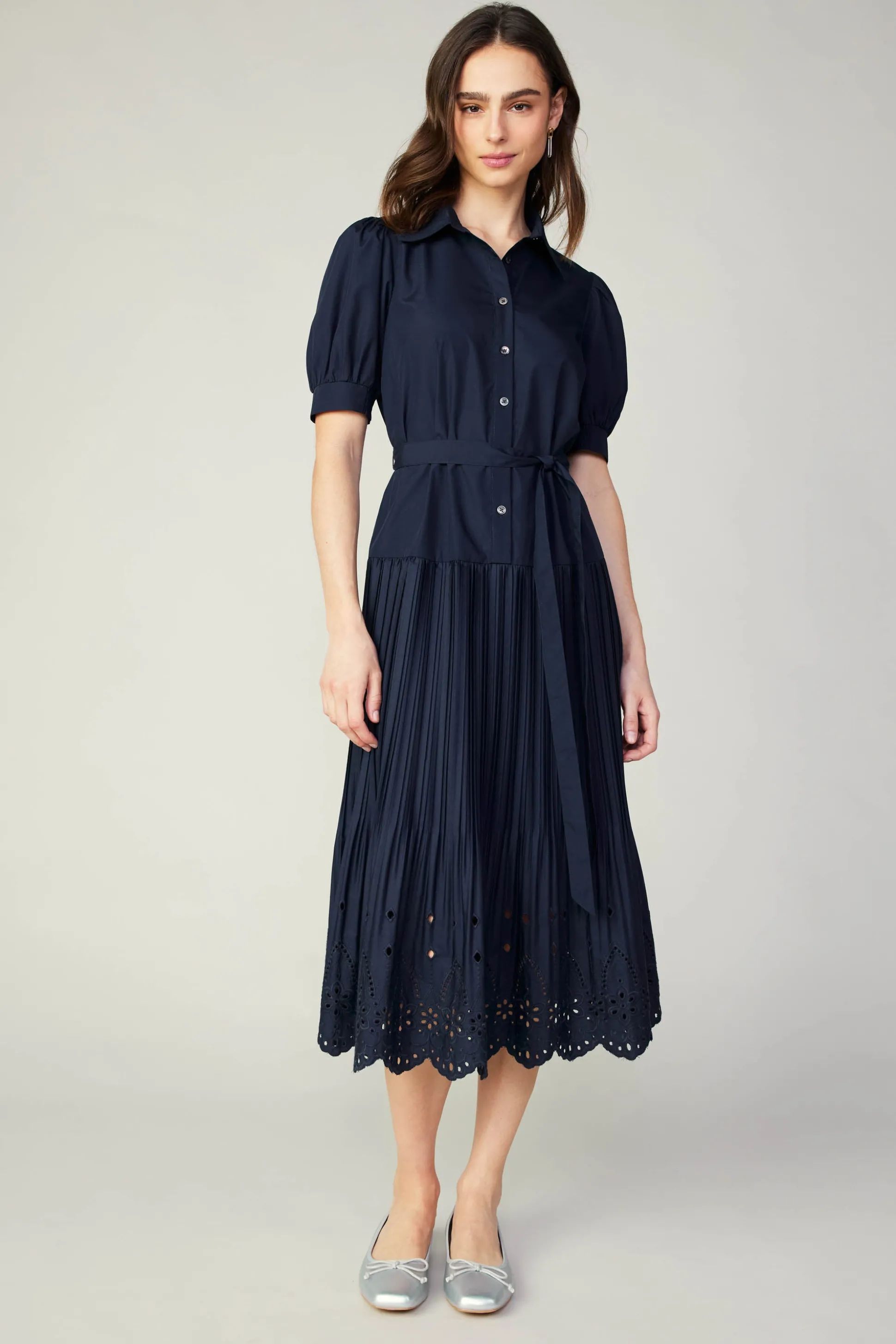 Pleated Eyelet Midi Dress<Current Air Outlet