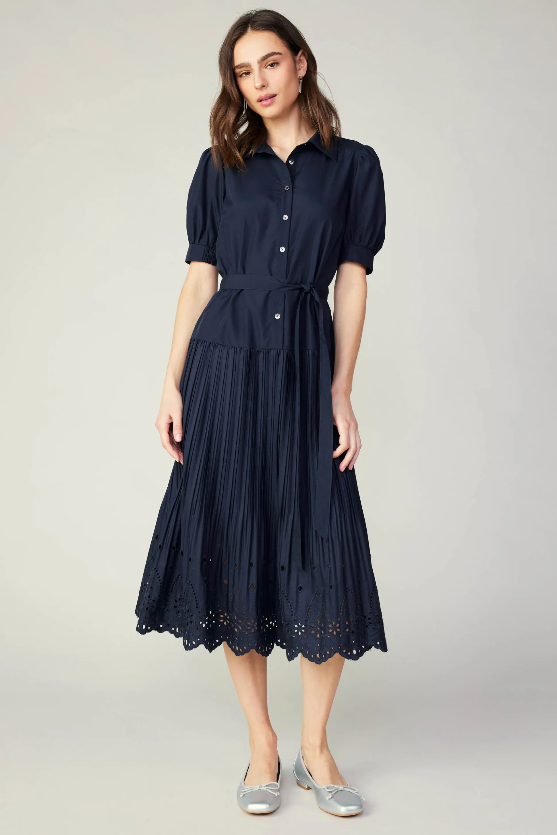Pleated Eyelet Midi Dress<Current Air Outlet