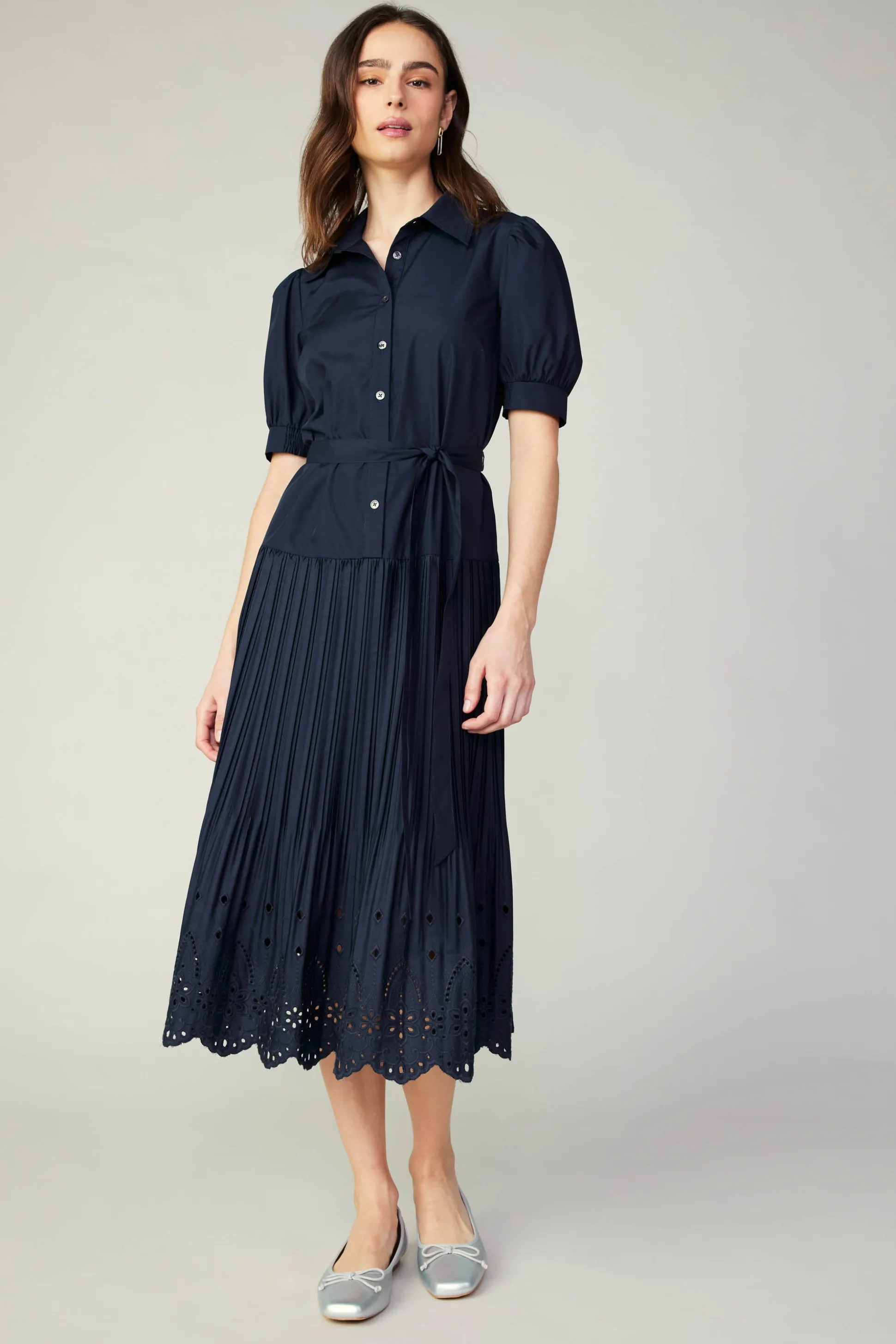 Pleated Eyelet Midi Dress<Current Air Outlet