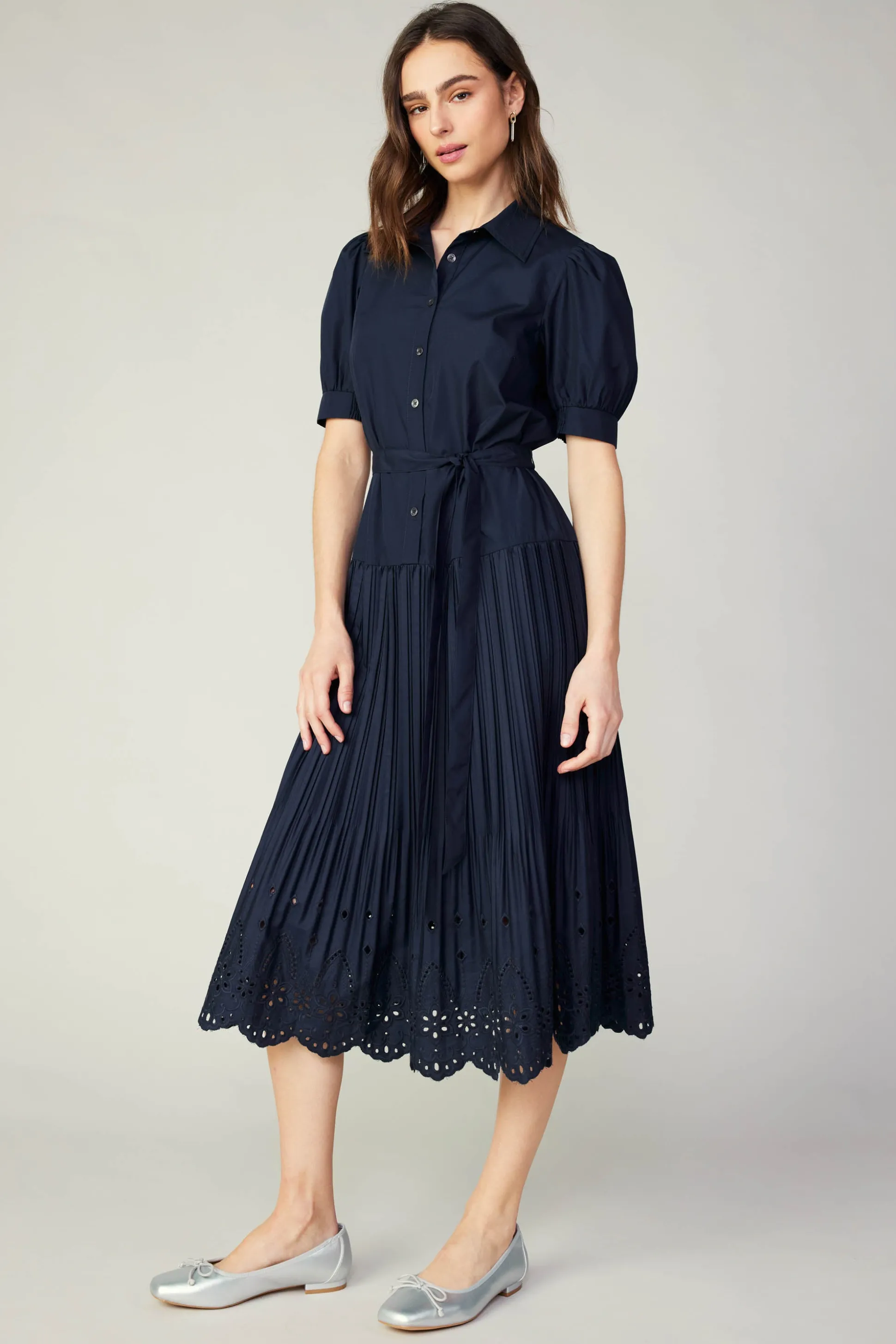 Pleated Eyelet Midi Dress<Current Air Outlet
