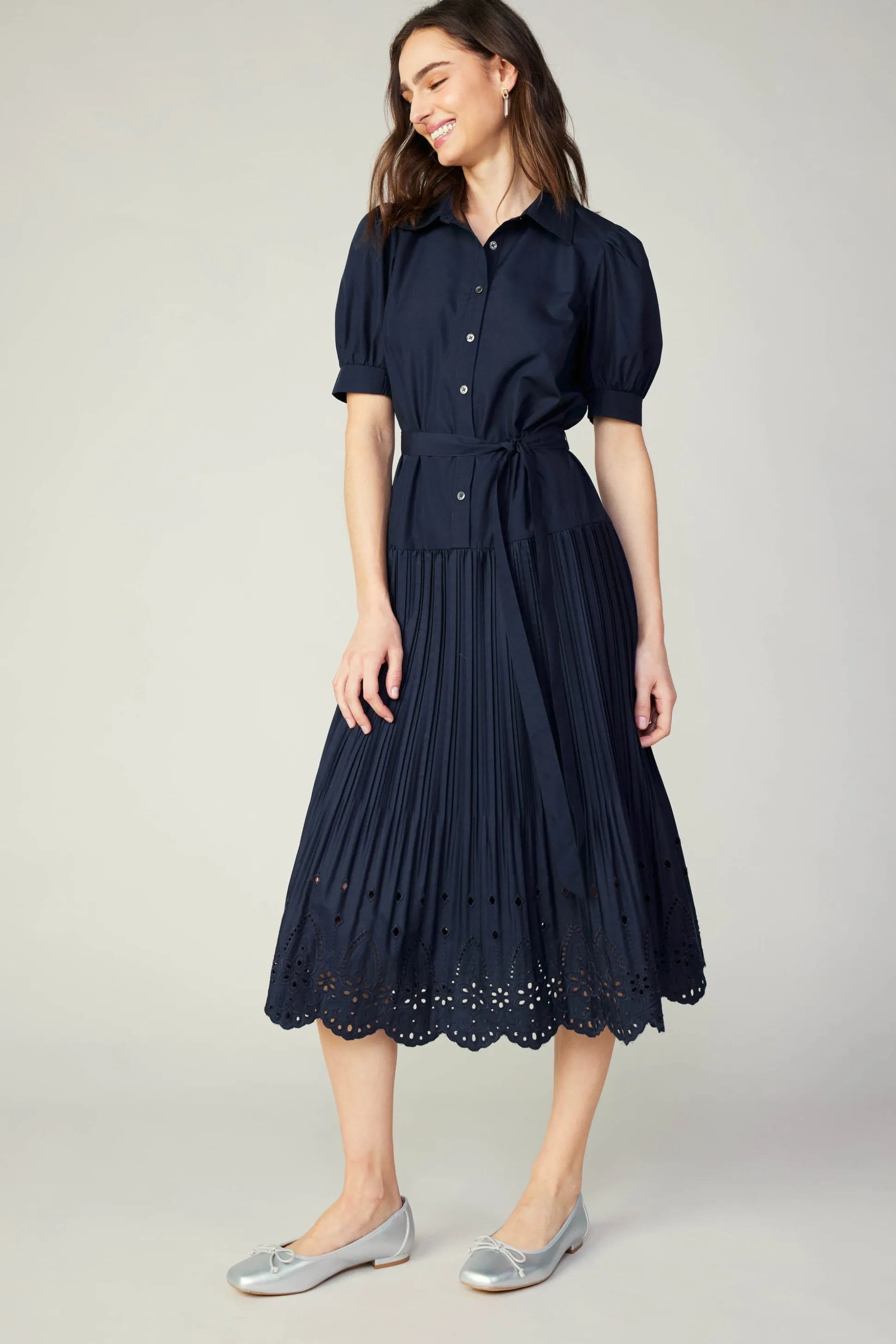 Pleated Eyelet Midi Dress<Current Air Outlet