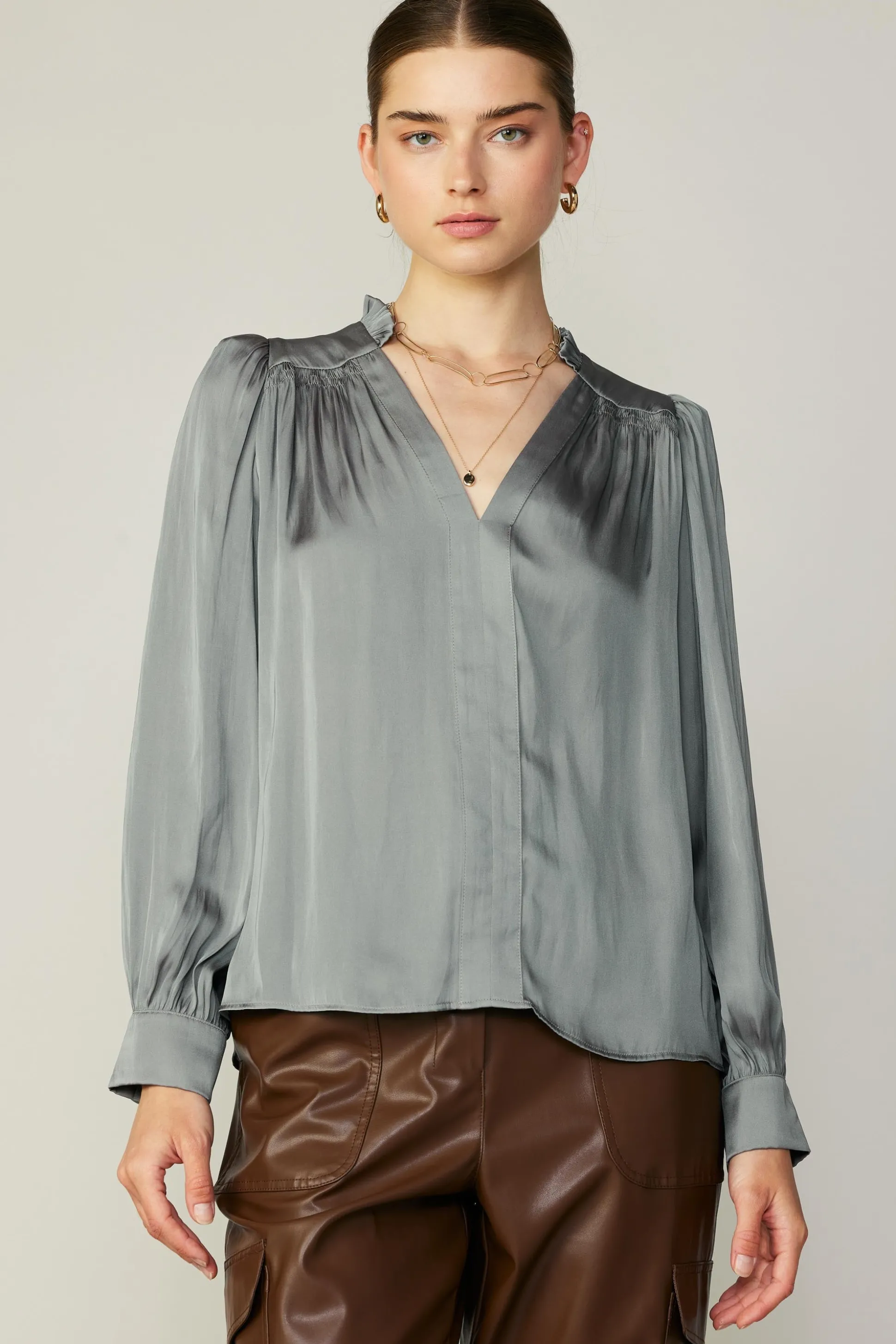 Smocked Shoulder Cuffed Blouse<Current Air New