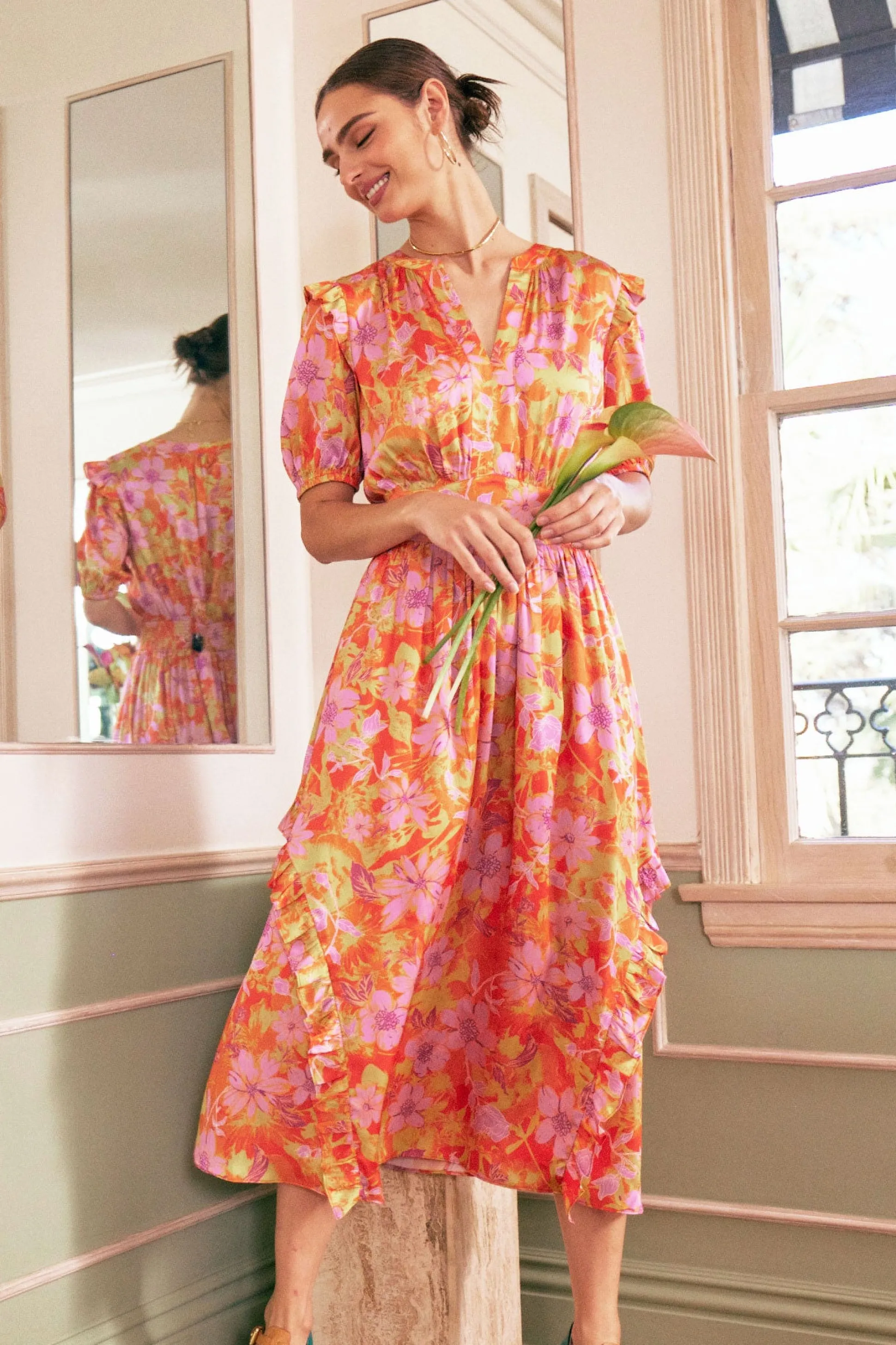 Ruffled Shoulder Floral Midi Dress<Current Air Outlet