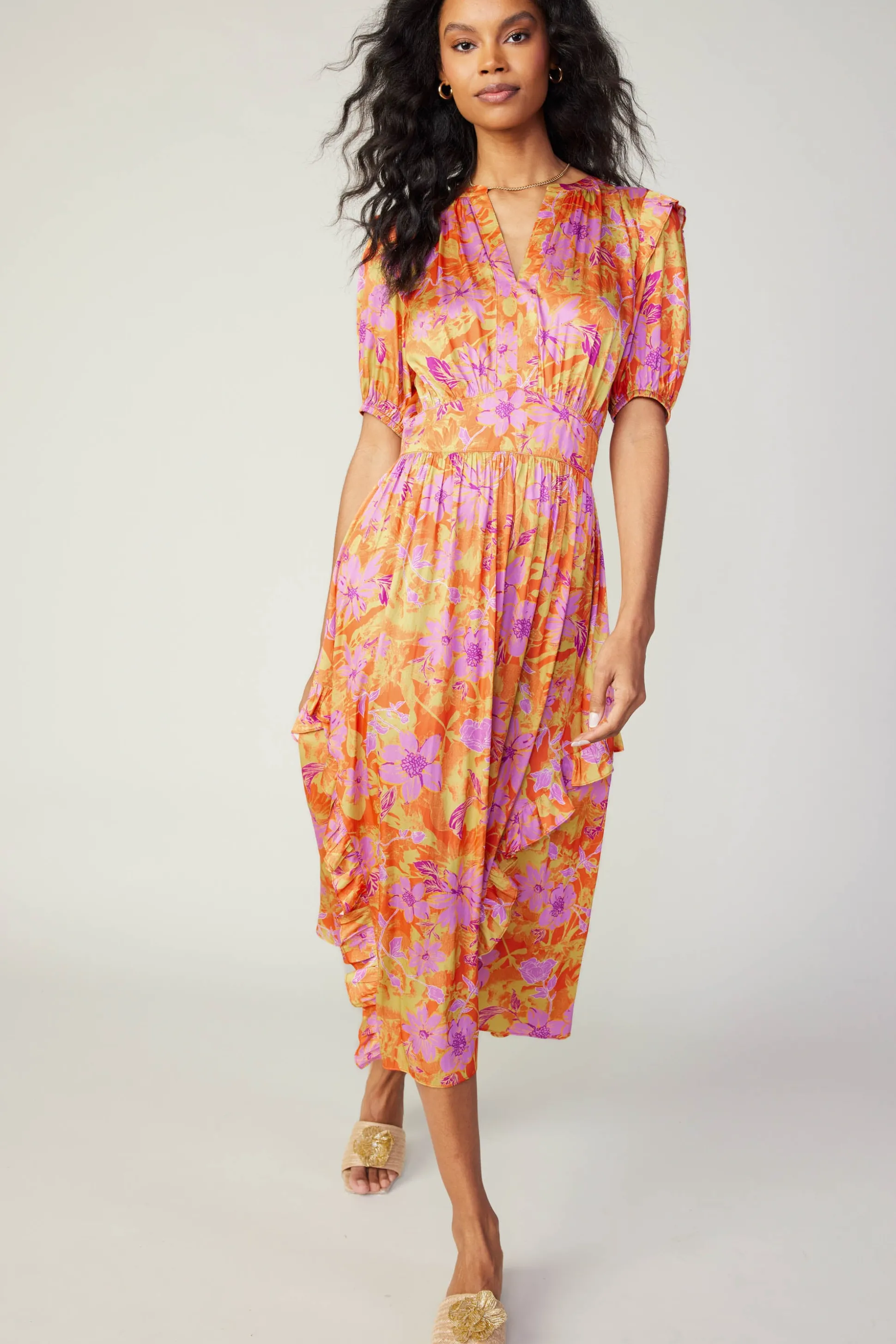 Ruffled Shoulder Floral Midi Dress<Current Air Outlet