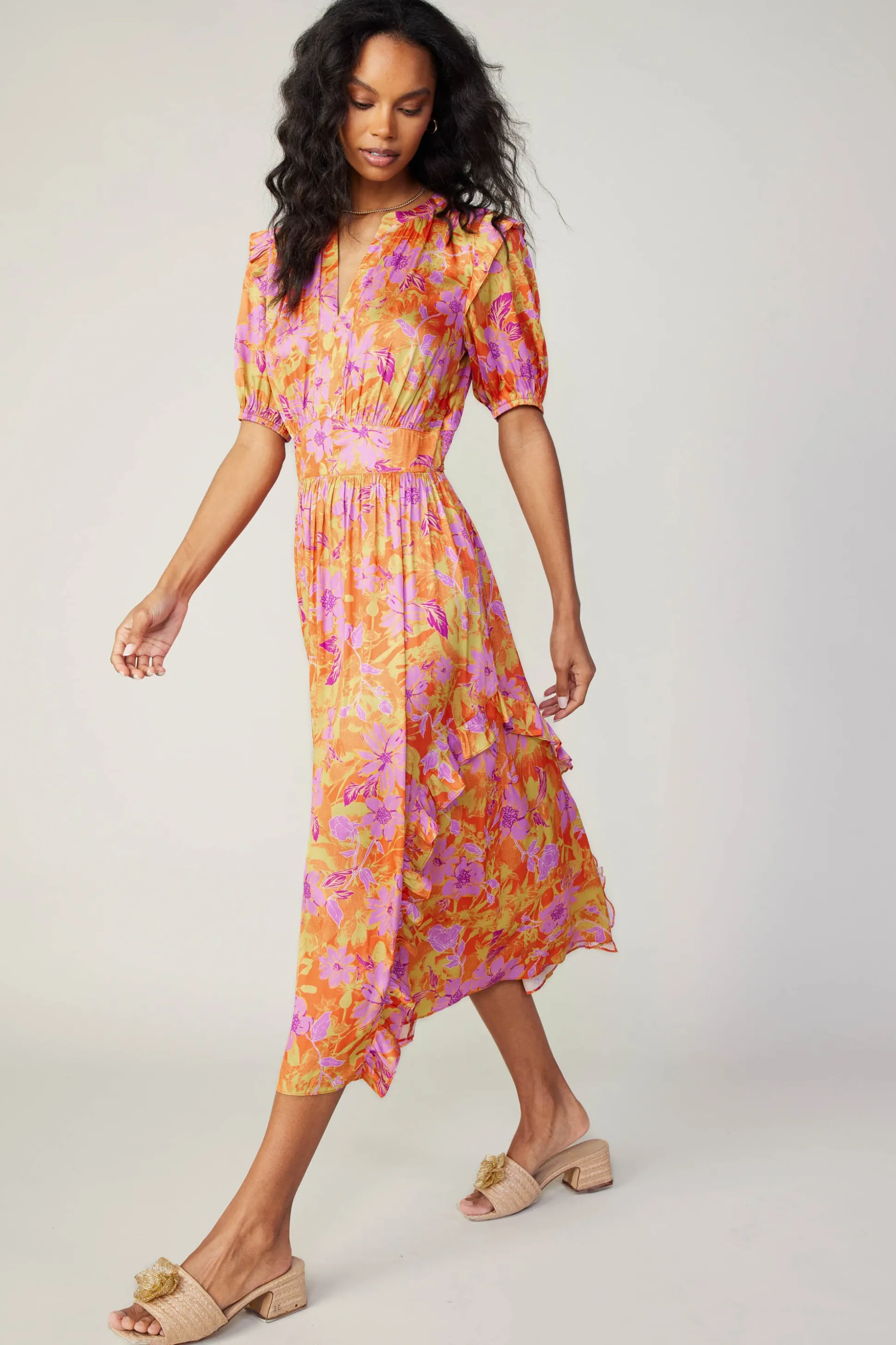Ruffled Shoulder Floral Midi Dress<Current Air Outlet