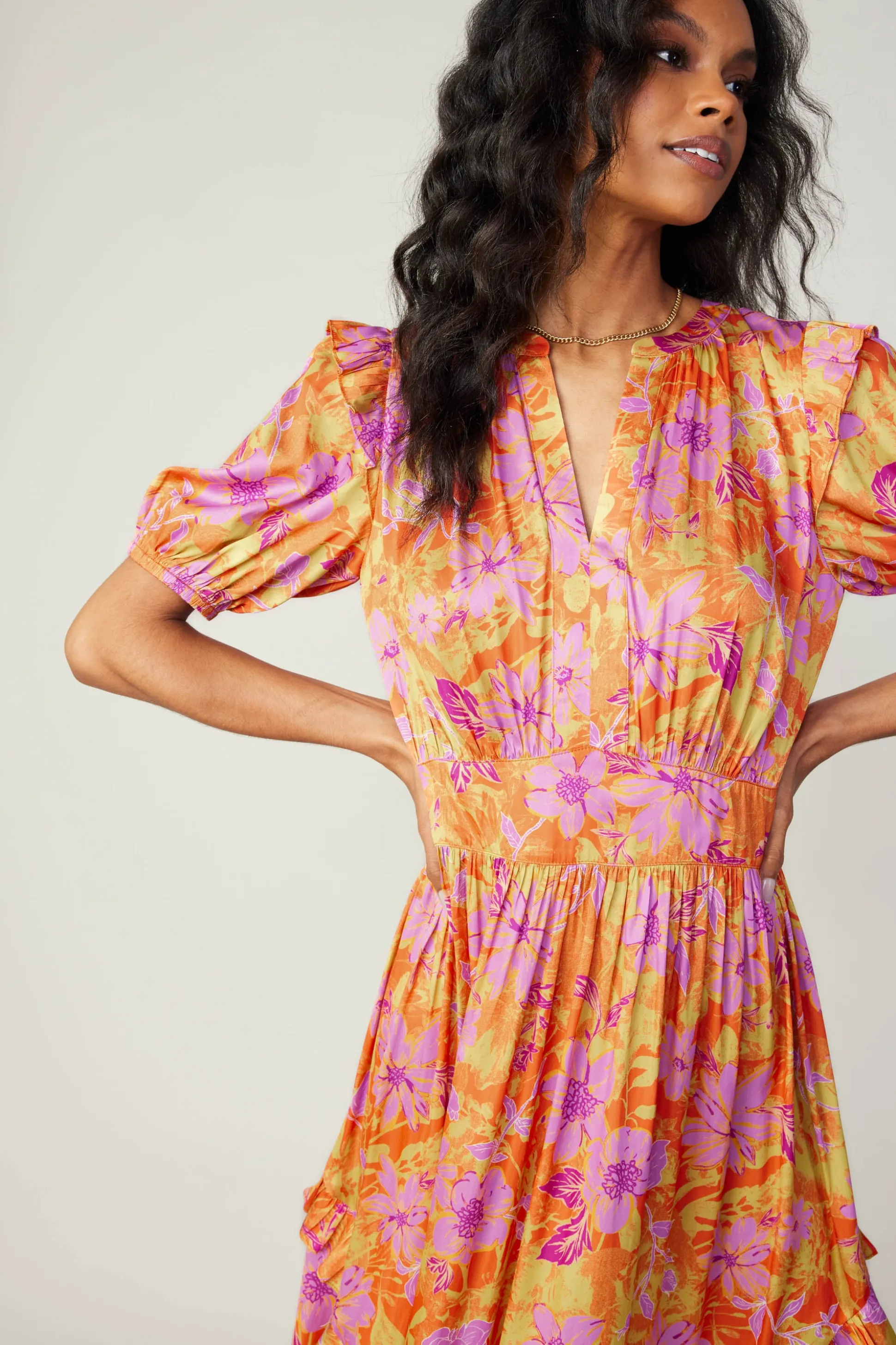 Ruffled Shoulder Floral Midi Dress<Current Air Outlet