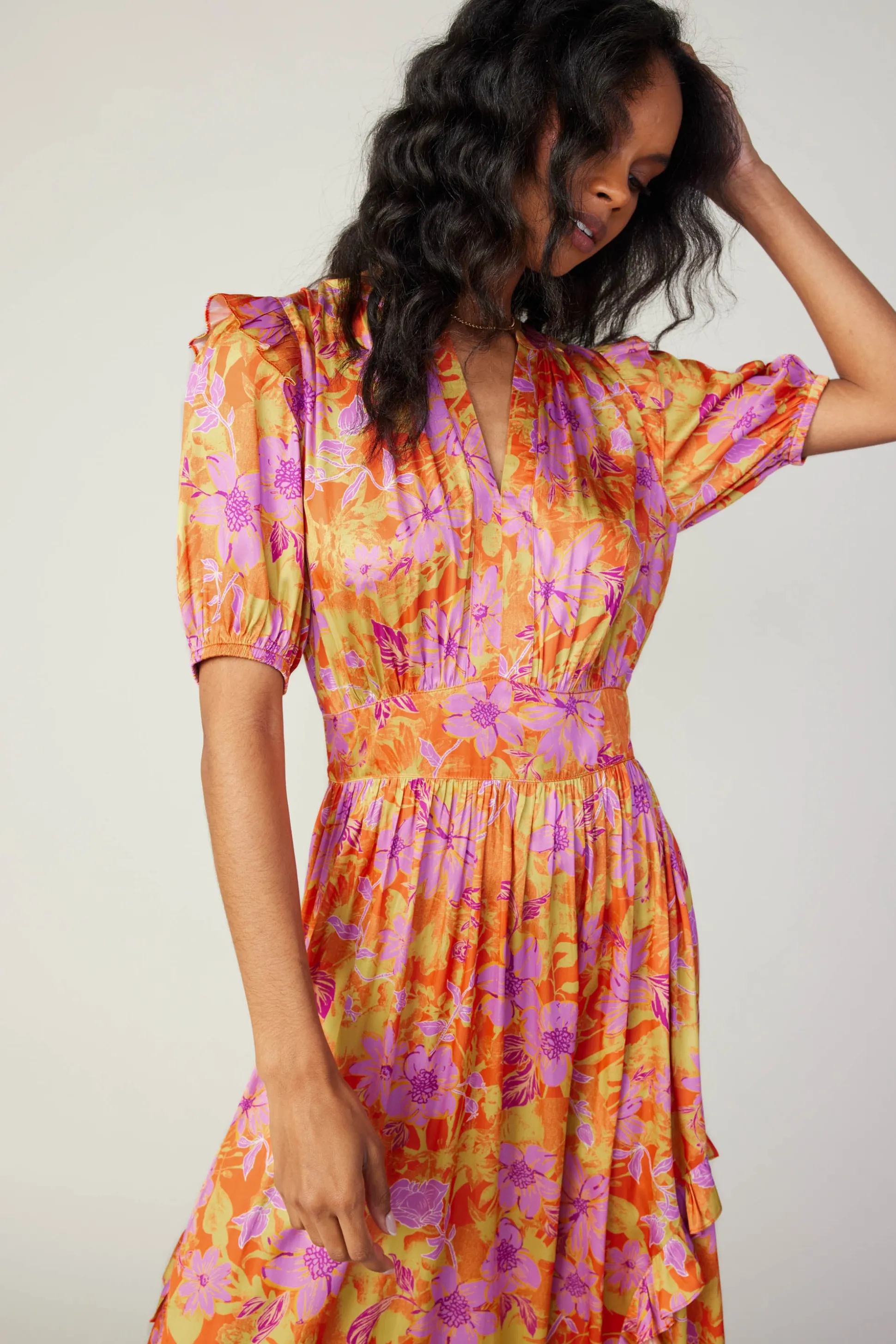 Ruffled Shoulder Floral Midi Dress<Current Air Outlet