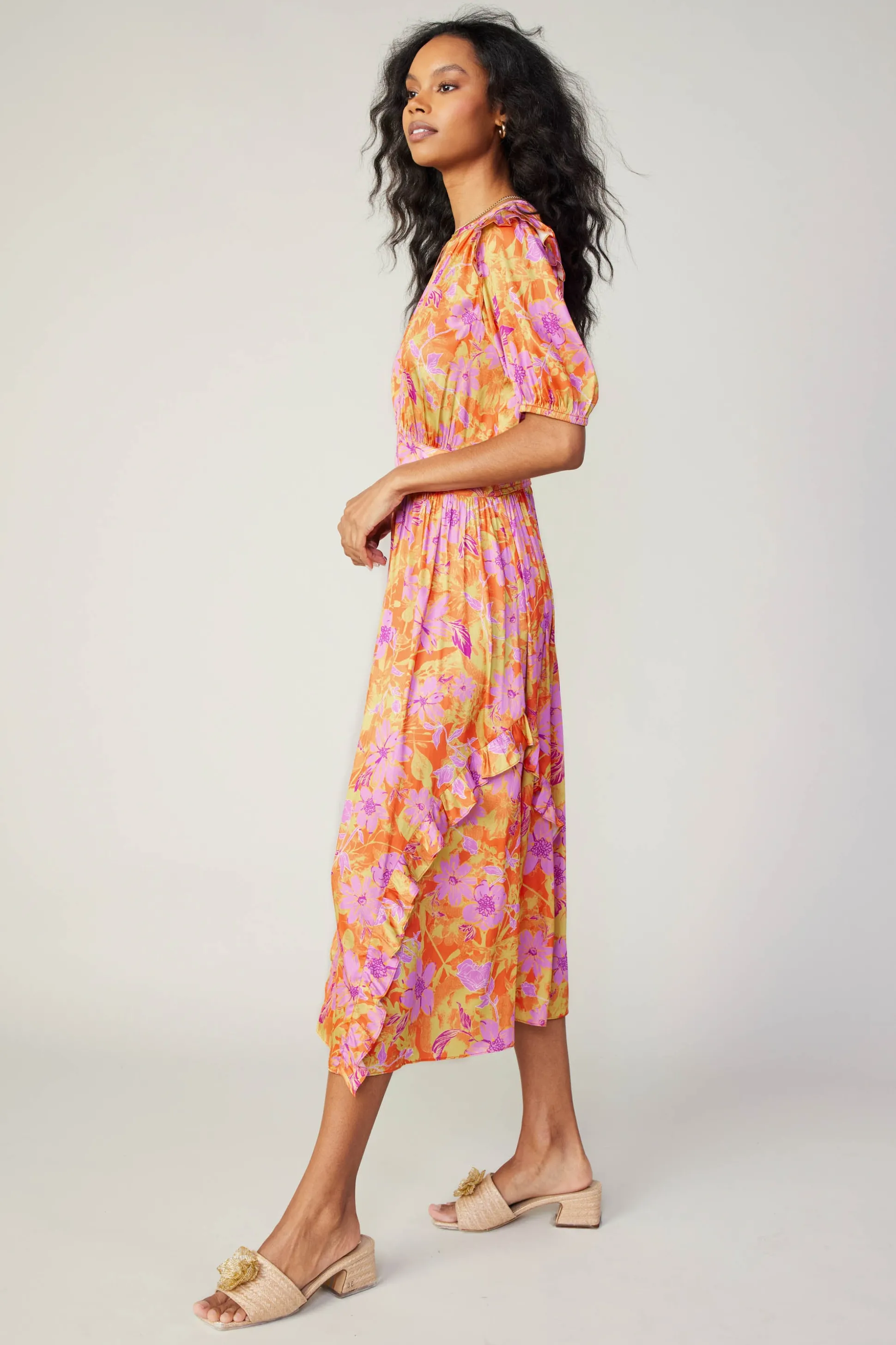 Ruffled Shoulder Floral Midi Dress<Current Air Outlet
