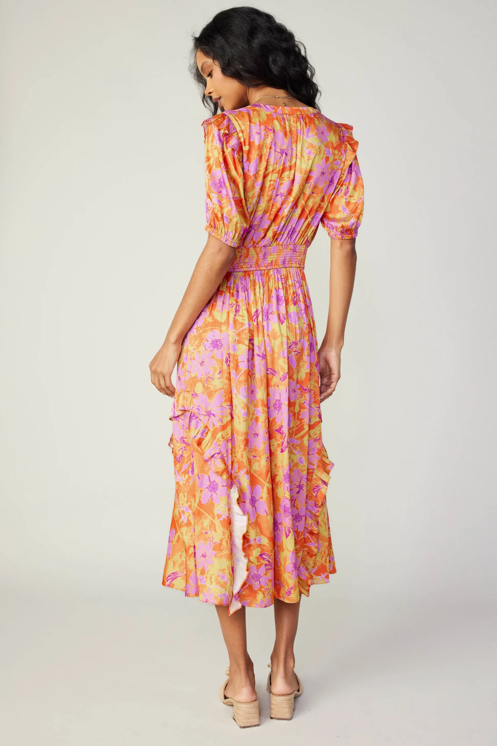 Ruffled Shoulder Floral Midi Dress<Current Air Outlet